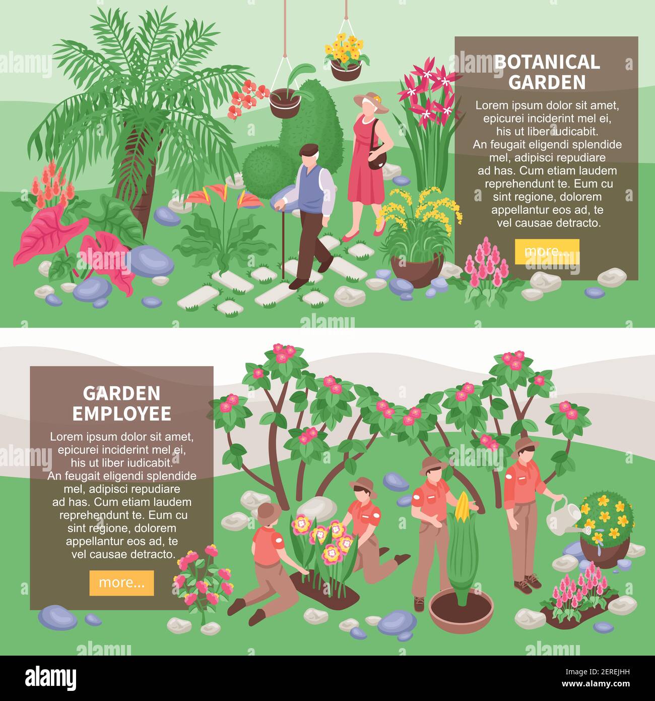 Satz von zwei isometrischen botanischen Garten horizontale Banner mit Text beschreibung Boxen und Bilder von Gärtnern Vektor-Illustration Stock Vektor