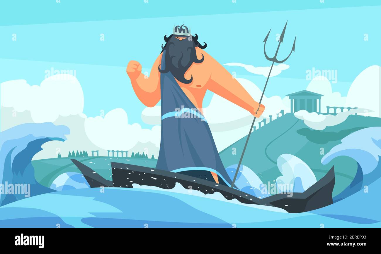 Griechenland antike Götter flachen Cartoon-Streifen mit poseidon zwischen Wellen Markantes Meer mit seiner Dreizack-Vektor-Illustration Stock Vektor