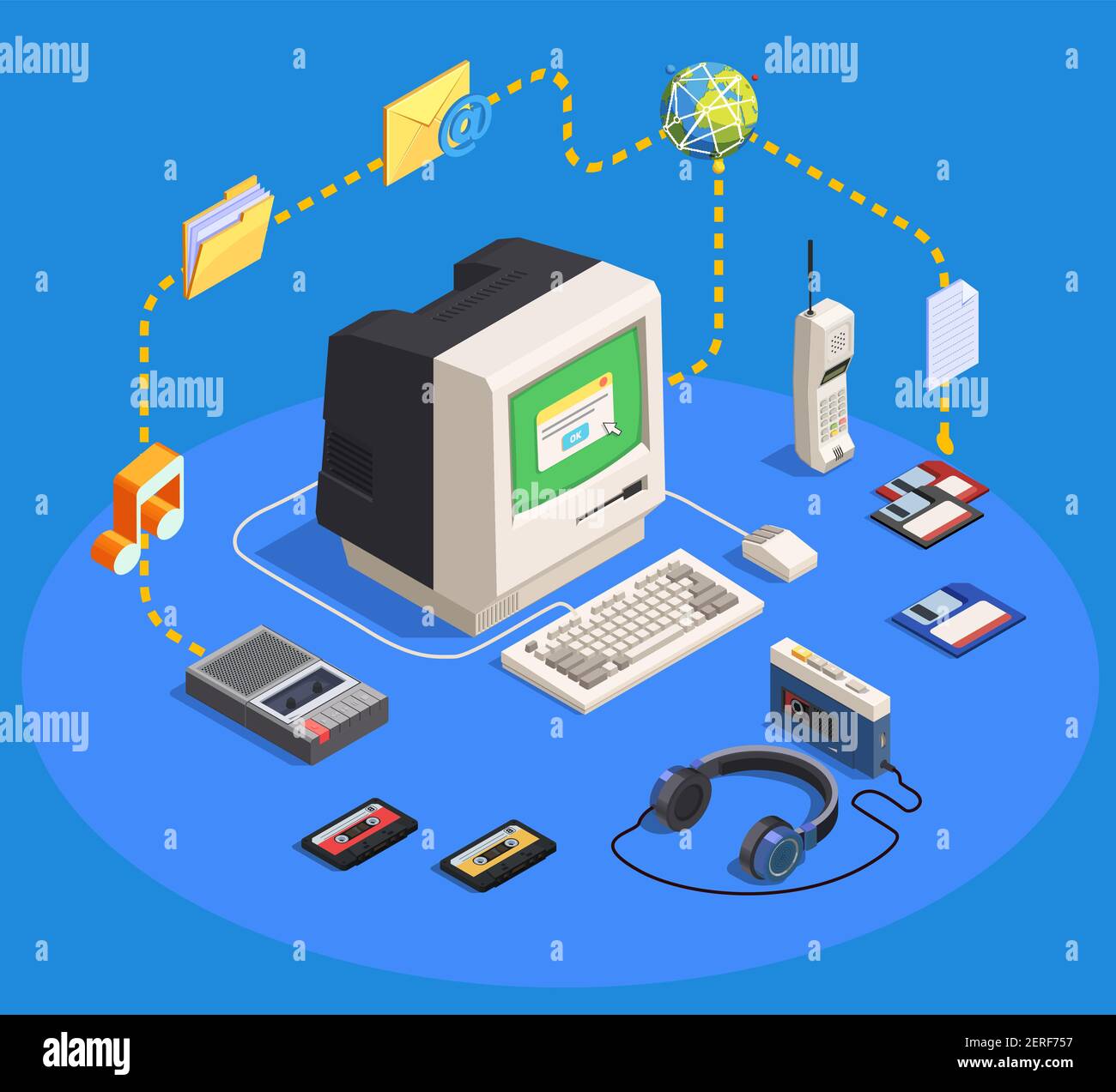 Retro-Geräte isometrische Zusammensetzung mit PC-Kamera-Player Telefon Recorder auf blauem Hintergrund 3D Vektorgrafik Stock Vektor