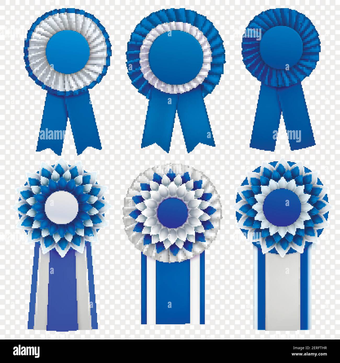 Blaue dekorative Medaille Auszeichnungen circulair Rosetten Abzeichen Revers Pins mit Ribbons realistische setzen transparente Hintergrund Vektor-Illustration Stock Vektor