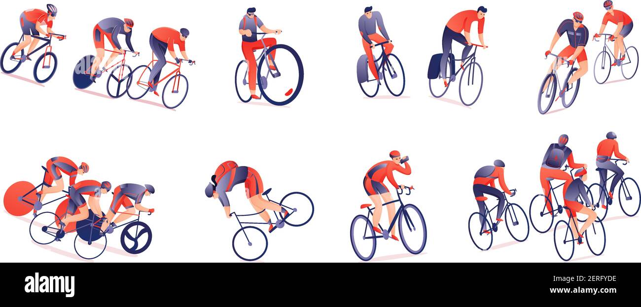 Radtour horizontale Reihe von Radfahrern mit Sportgeräten in Verschiedene Positionen isolierte Vektordarstellung Stock Vektor
