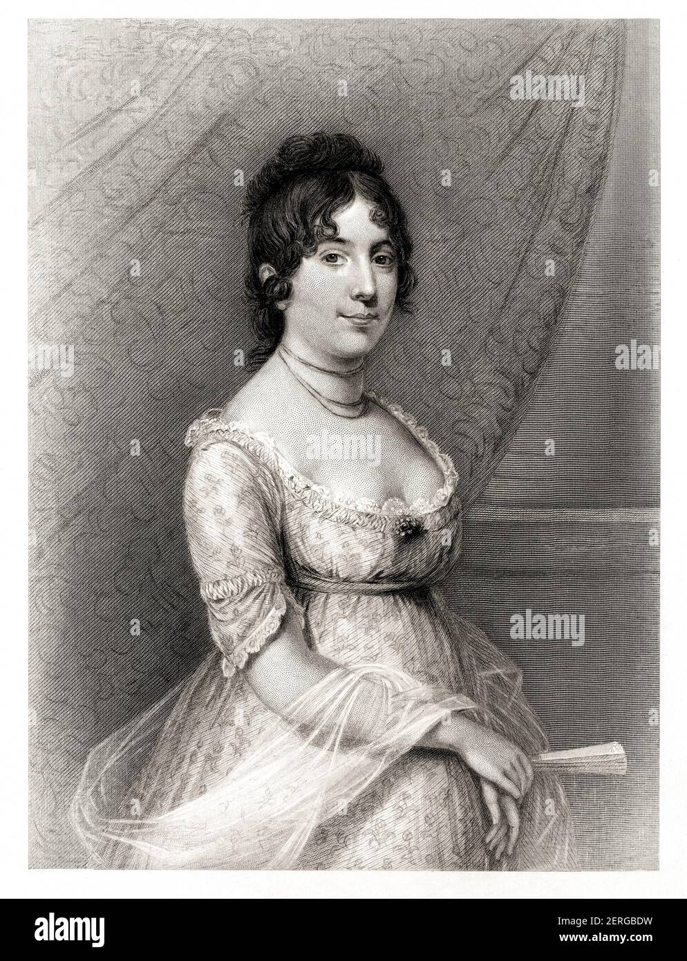 1809 Ca, USA : die amerikanische First Lady DOLLY Tod MADISON Payne ( Dolly - 1768 - 1849 ). Verheiratet im Jahr 1794 mit US-Präsident James Madison ( 1751 - 1936 ). Portrait gestochen von original Gemälde von Gilbert Stuart . - DOLLY - First Lady of the United States - POLITICO - POLITIKER - POLITIK - POLITIK - USA - ritratto - Portrait - MODE - MODA - OTTOCENTO - 800 's - '800 - Fan - ventaglio - neckopining - scollatura - decolleté - pizzo - Spitze --- Archivio GBB Stockfoto