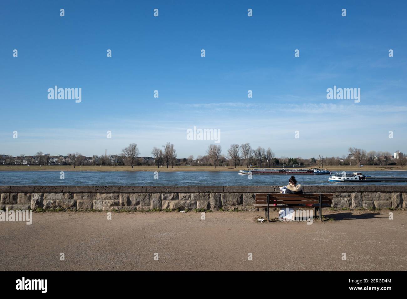 Eine Frau sitzt auf der Bank an der Promenade des Rheinparks Golzheim, einem großen langen Park am Rheinufer in Düsseldorf Stockfoto