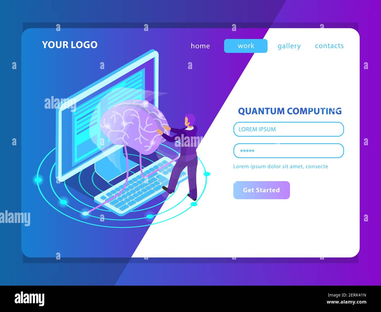 Landing Page Mockup für tiefgreifendes Lernen von Informationen im Feld Von künstlicher Intelligenz und Quantencomputing isometrische Vektor-Illustration Stock Vektor