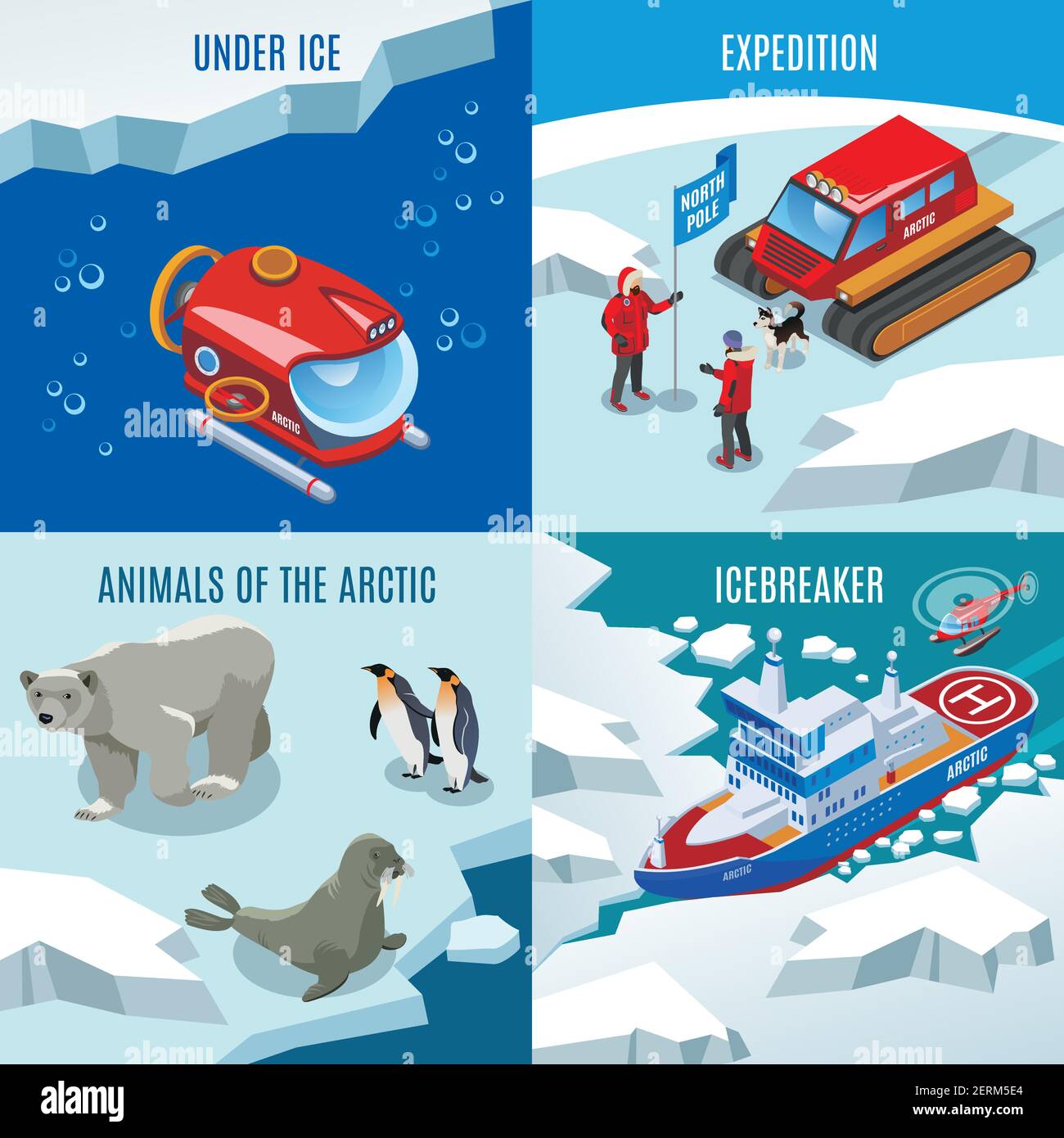 Arktisforschung isometrisches Designkonzept, Expedition, Nordtiere, Entdeckungen unter gefrorenem Wasser, Eisbrecher, isolierte Vektordarstellung Stock Vektor