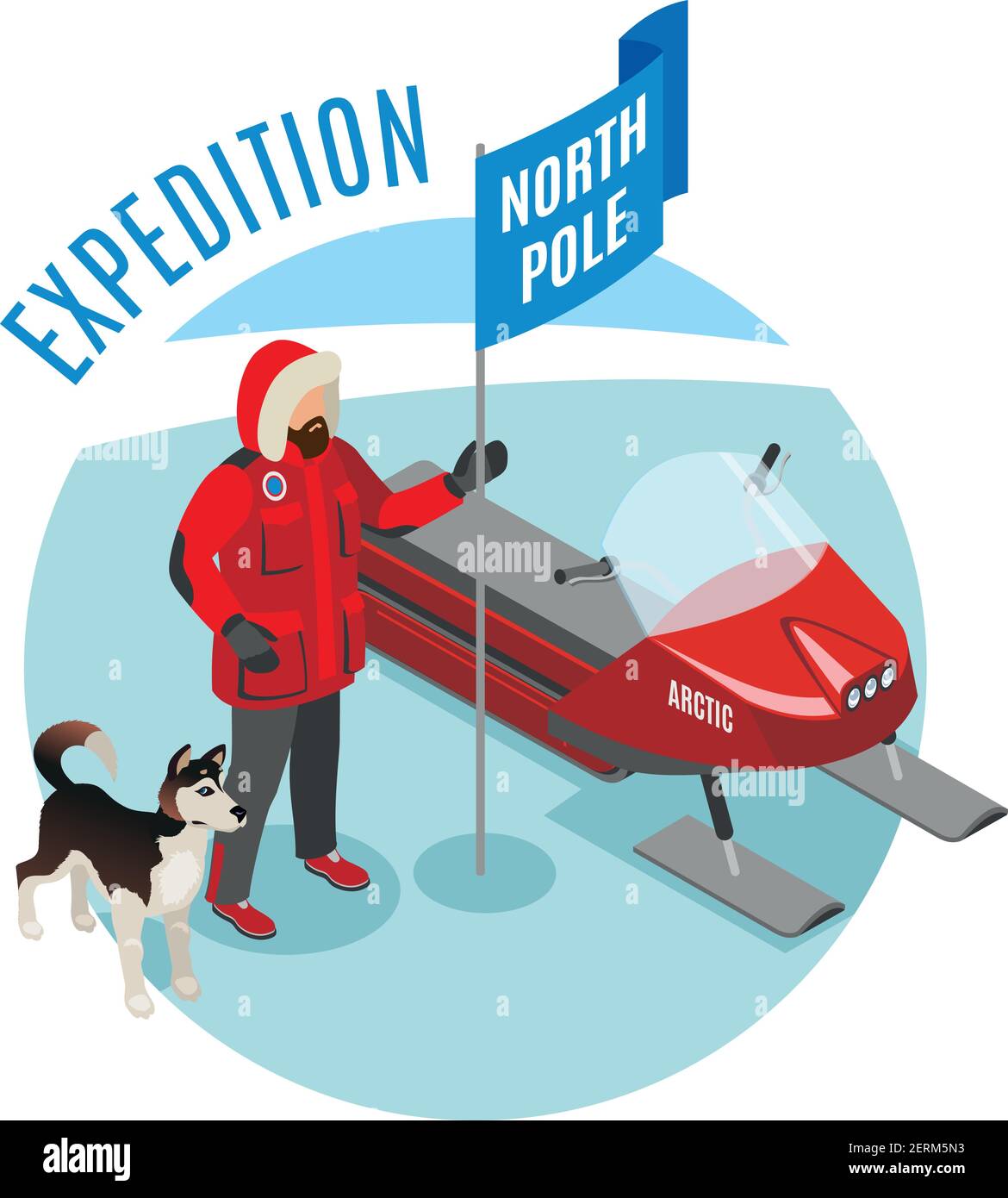 Arctic Expedition isometrische Runde Zusammensetzung mit Wissenschaftler halten Nordpolflagge, Husky und Schnee mobil, Vektor-Illustration Stock Vektor