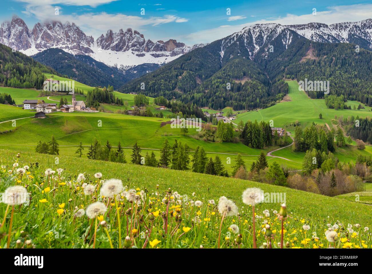 Dolomiten Alp Berglandschaft im Dorf Santa Maddalena im Frühling, St. Magdalena Italien Stockfoto