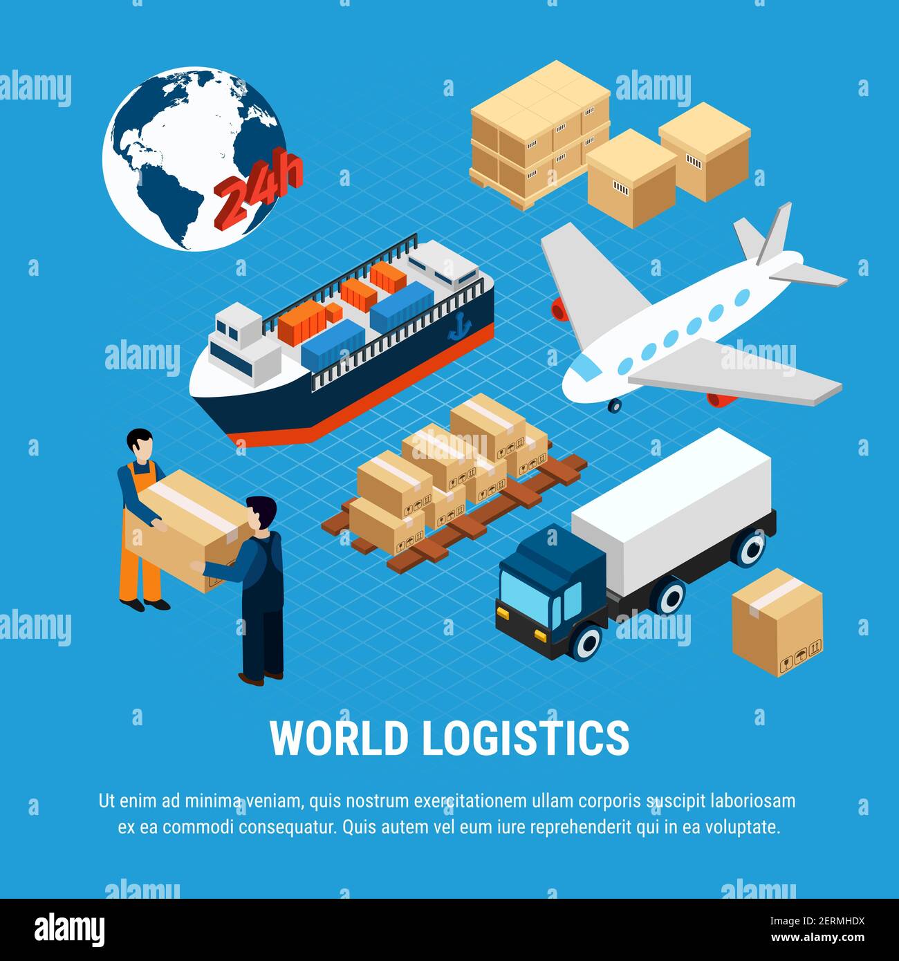 Verschiedene Arten von Logistik Gütertransport und Lieferservice-Mitarbeiter Auf blauem Hintergrund isolierte isometrische Vektordarstellung 3D einstellen Stock Vektor