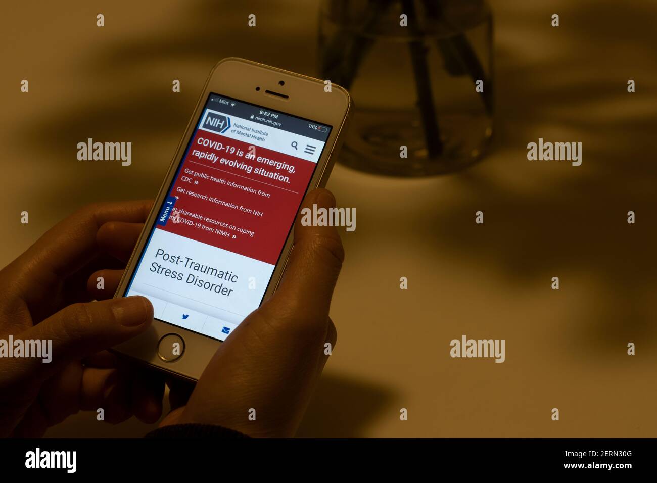 Eine Frau erfährt wichtige Fakten über die posttraumatische Belastungsstörung (PTSD) von der Website der National Institutes of Health (NIH) am 28. Februar 2021. Stockfoto