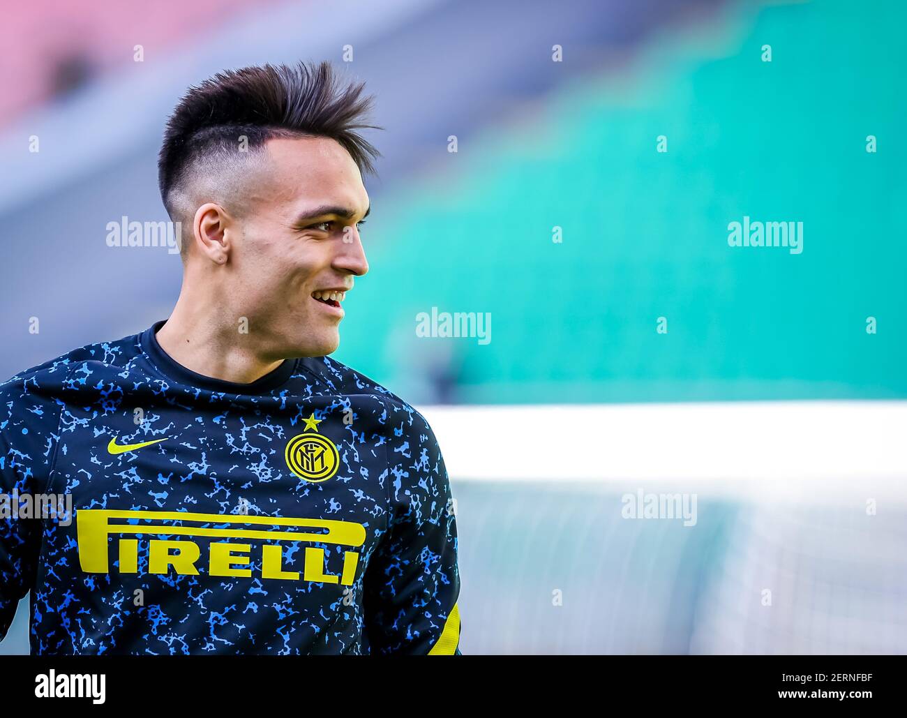 Mailand, Italien. Februar 2021, 28th. Lautaro Martinez vom FC Internazionale lächelt während des FC Internazionale gegen Genua CFC, Italienische Fußballserie EIN Spiel in Mailand, Italien, Februar 28 2021 Kredit: Unabhängige Fotoagentur/Alamy Live Nachrichten Stockfoto