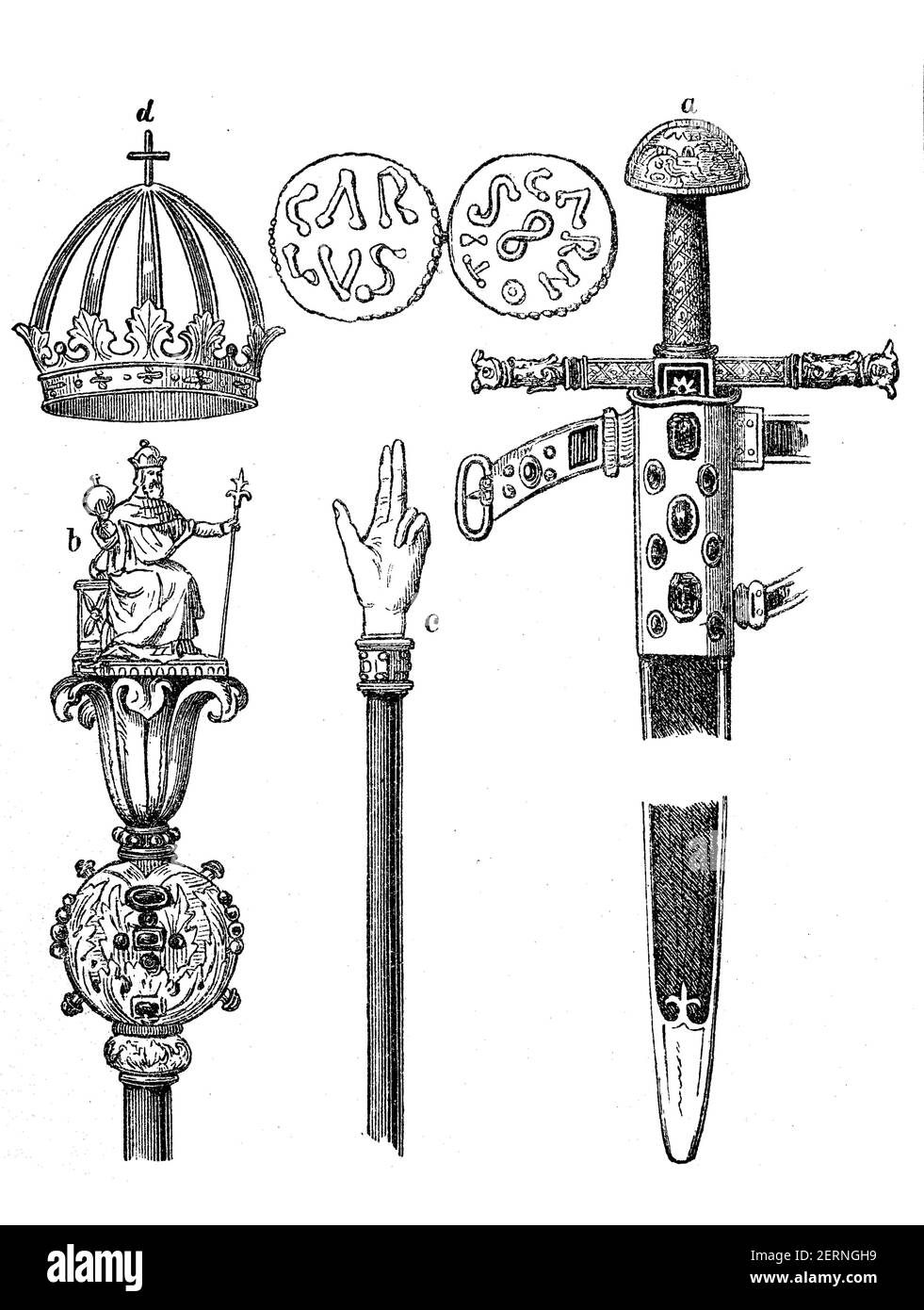 Schwert, Zepter, Justizstab und Krone Karls des Großen, Münzen der Zeit / Schwert, Zepter
