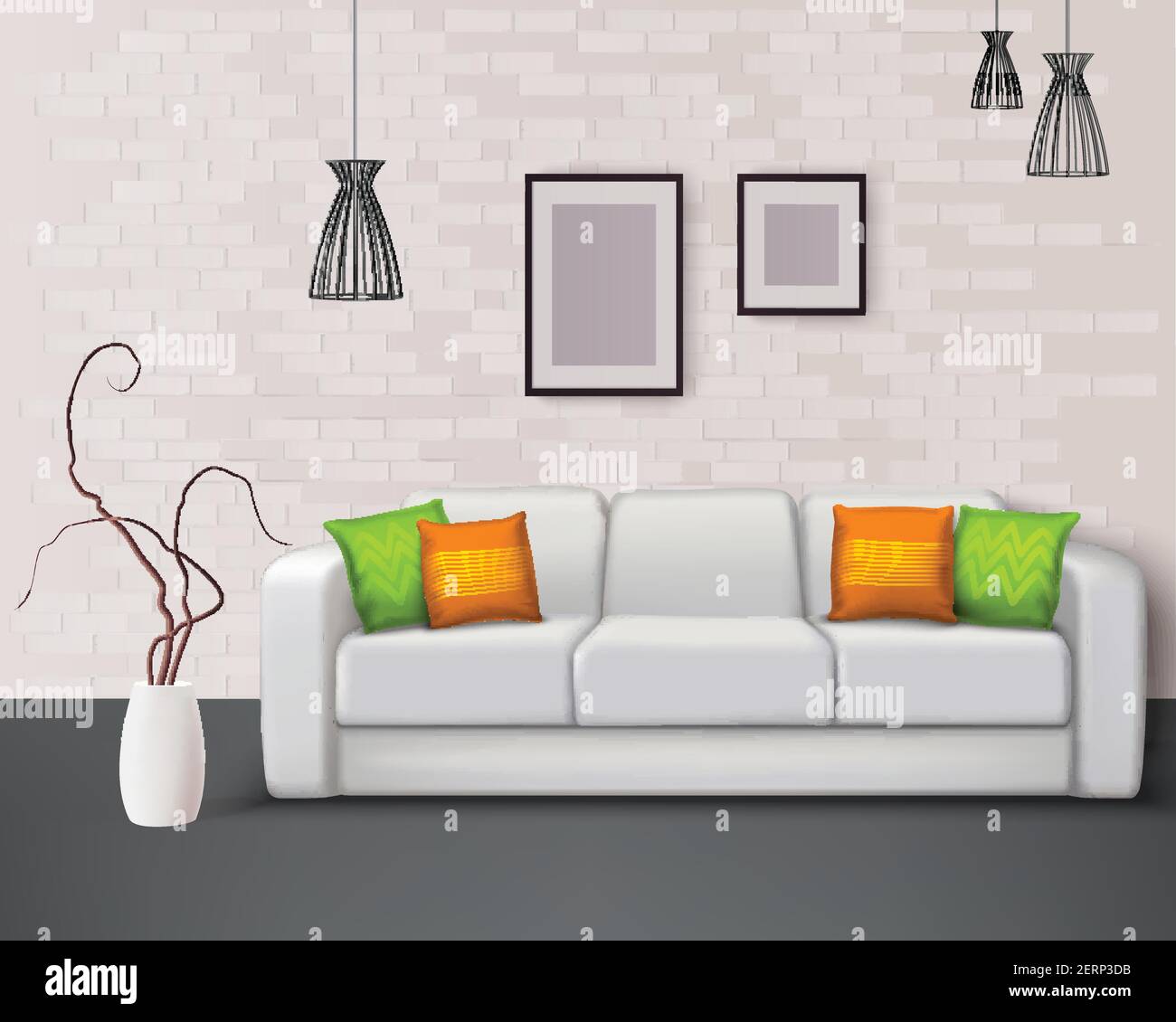 Weißes Ledersofa mit fantastischen grünen orangen Kissen bringt Farbe Im Wohnzimmer realistische Innenraum Vektor-Illustration Stock Vektor