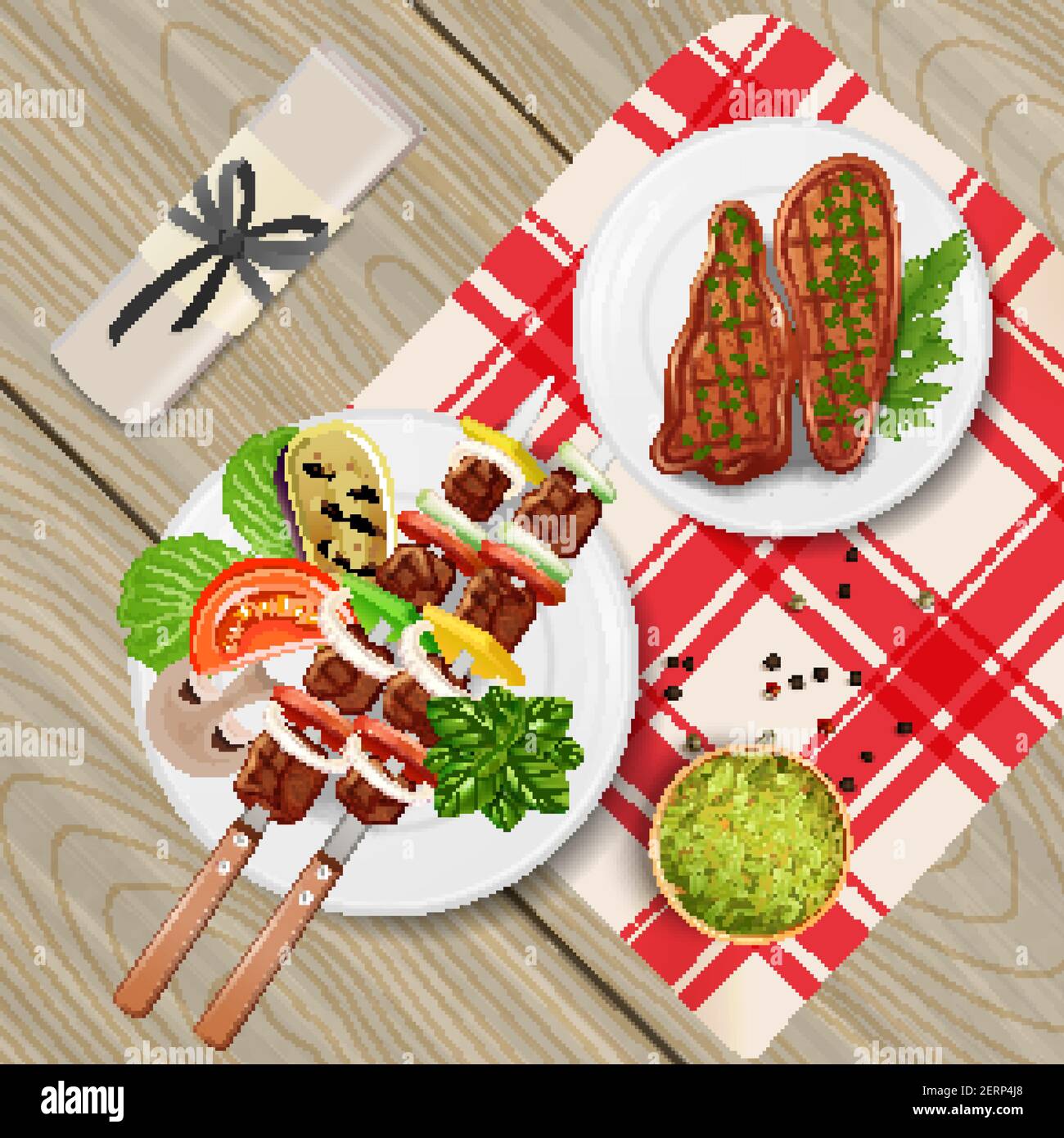 BBQ Steaks und Kebab mit verschiedenen Kräutern und Gemüse auf Holztisch realistische Vektordarstellung Stock Vektor