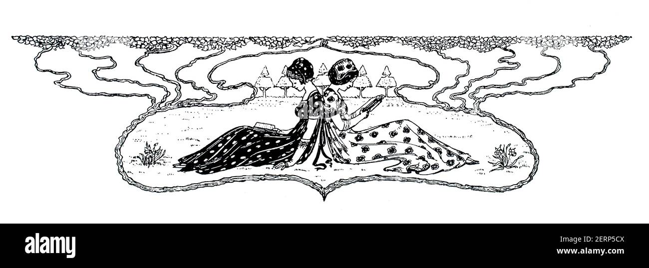 Jugendstil-Design für einen dekorativen Saitenhalter mit Frauen gesessen zurück zu Rückseite Lesung, von Marjory P Rhodes von Rotherham, von 1900 The Studio an Illustra Stockfoto
