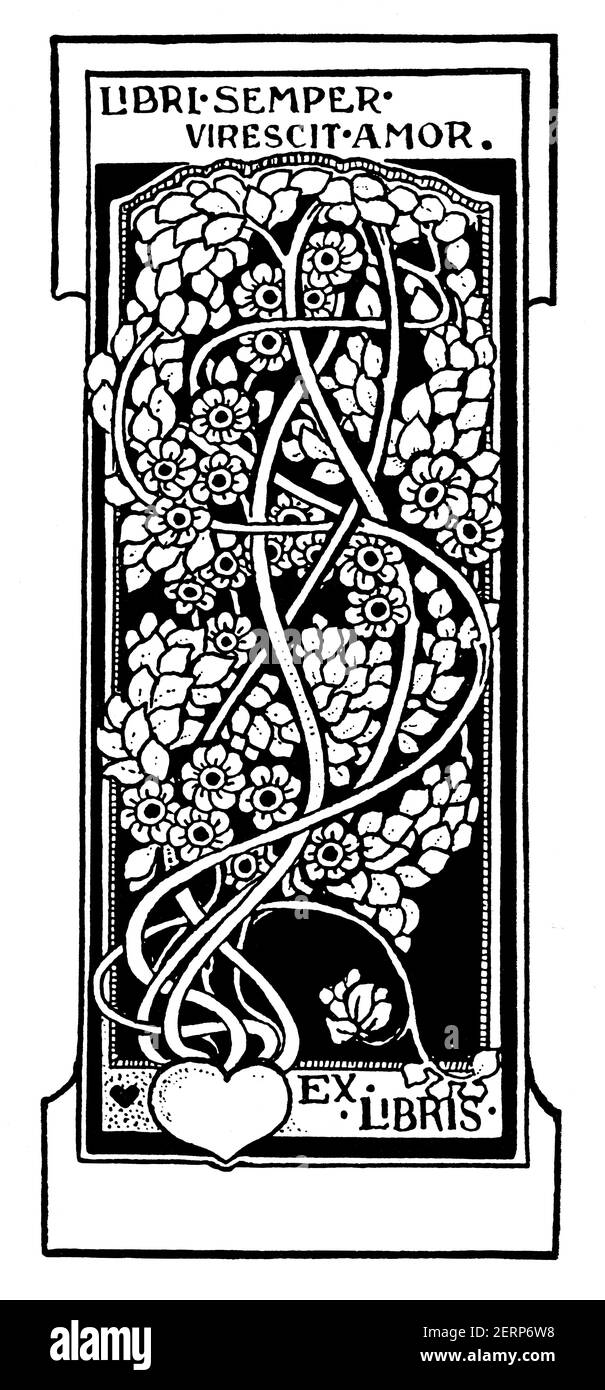 Lateinisches Motto-Bücherregal mit Blumen- und Vogelmotiv Jugendstil-Motiv, von der britischen Kinderbuchillustratorin und Designerin Ethel Larcombe von Exeter, aus Stockfoto