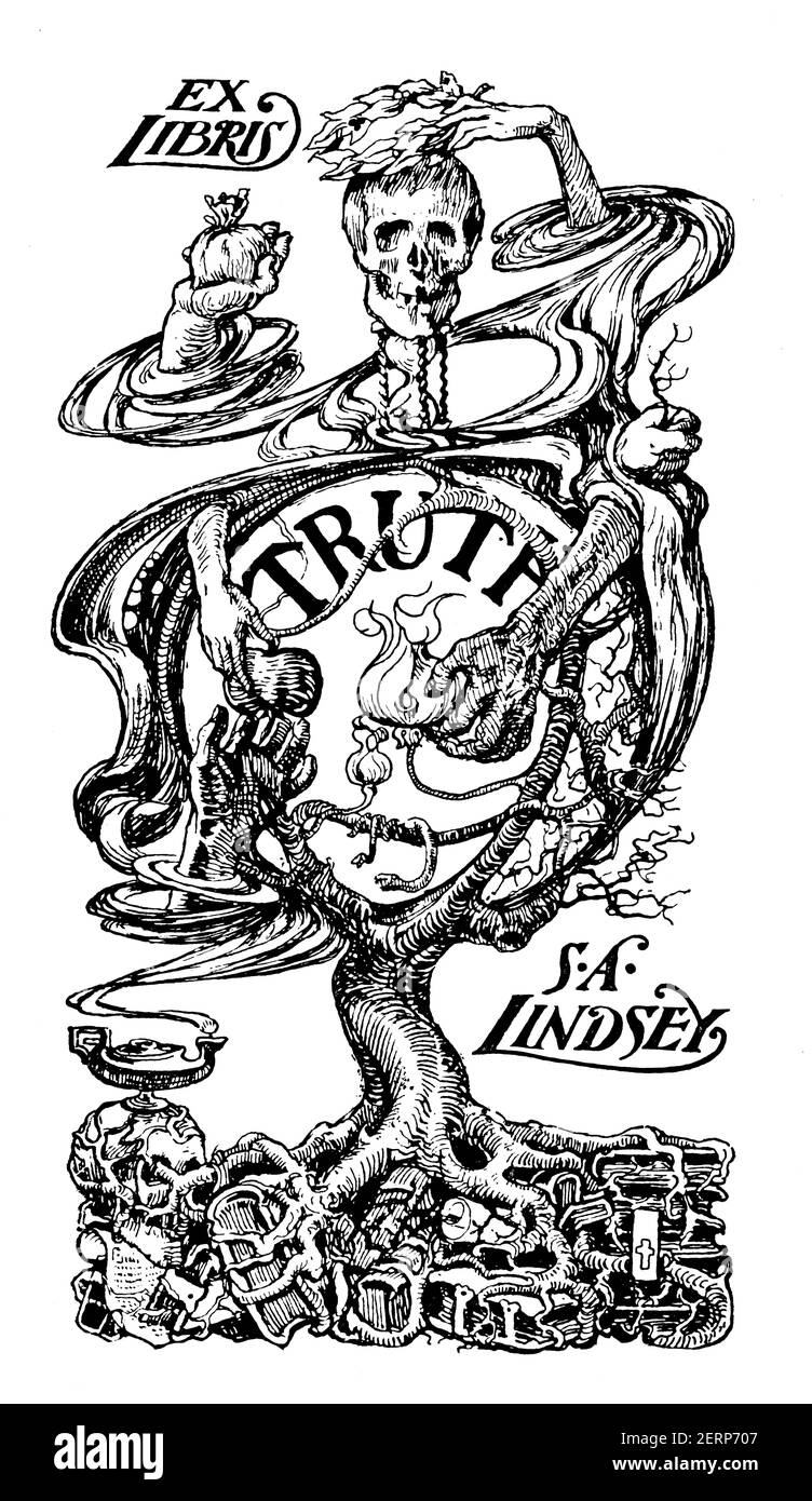 Skeleton 'Truth' Persönliches Bücherregal, von S A Lindsey aus Southbourne, Hampshire, von 1900 The Studio an Illustrated Magazine of Fine and Applied Art Stockfoto