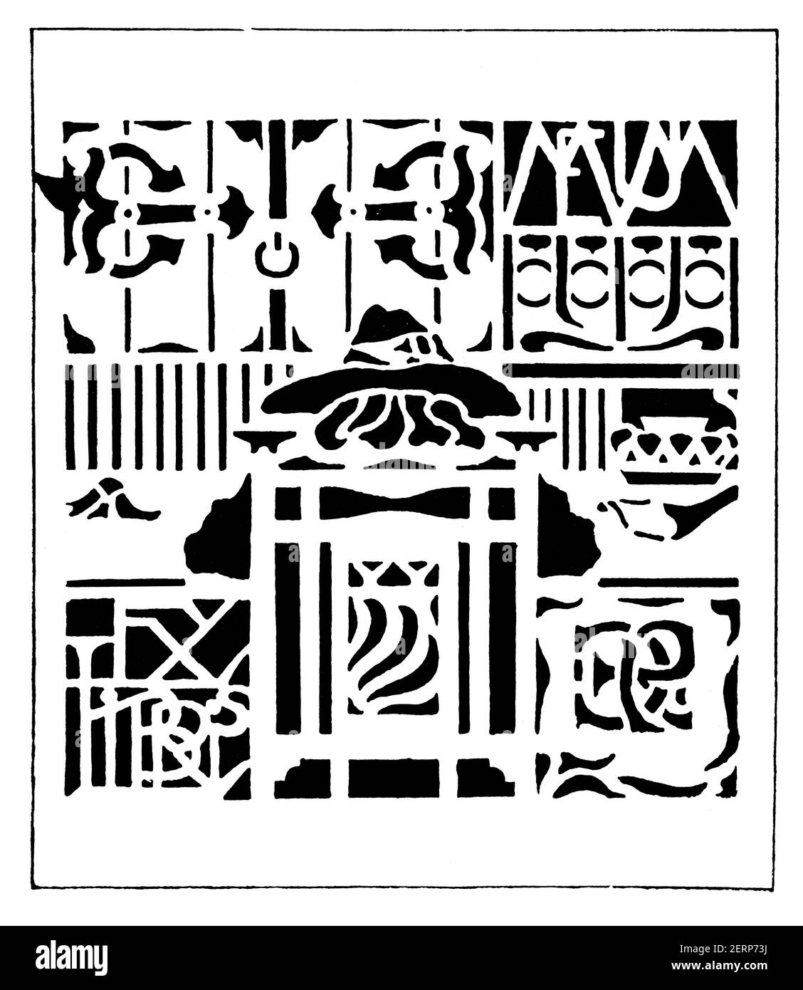 Geometrisches grafisches Bücherregal mit puritanischer Figur am Schreibtisch, von Edward H Rouse aus dem Jahr 1900 das Studio an Illustrated Magazine of Fine and Applied Art Stockfoto