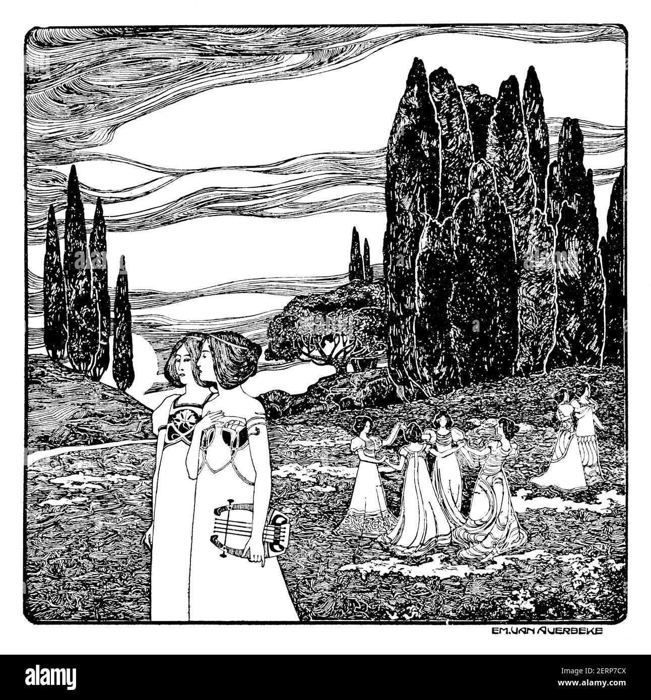 Frauen in der Landschaft, Illustration von einem Almanach, von der belgischen Künstlerin und Architektin Emiel Van Averbeke, von 1900 das Studio an Illustrated Magazine of Stockfoto