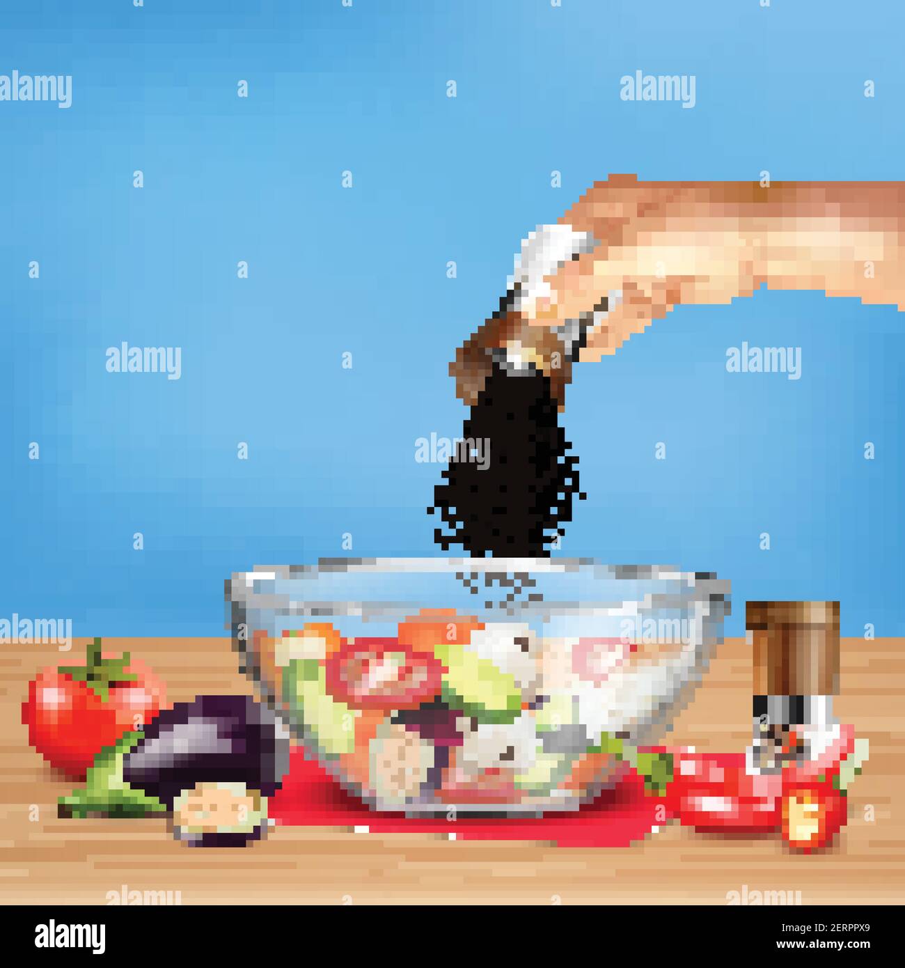 Hand mit Pfeffermühle über Salat aus Gemüse im Glas Schale auf blauem Hintergrund realistische Vektordarstellung Stock Vektor