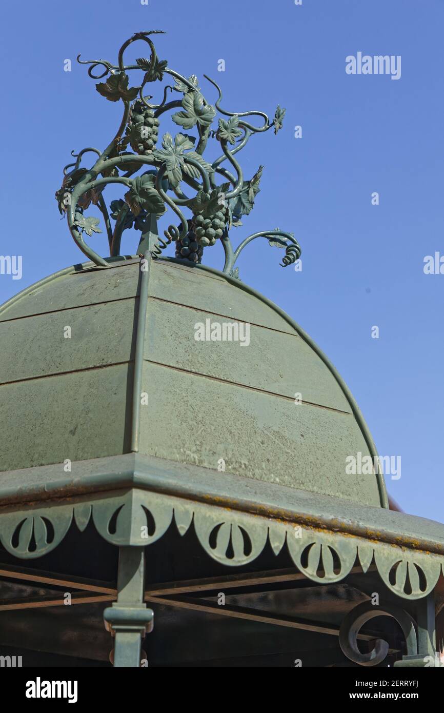 VAUX, FRANKREICH, 24. Februar 2021 : Trauben als architektonisches Detail der Pissotiere, ein Denkmal des Dorfes Clochemerle. Stockfoto