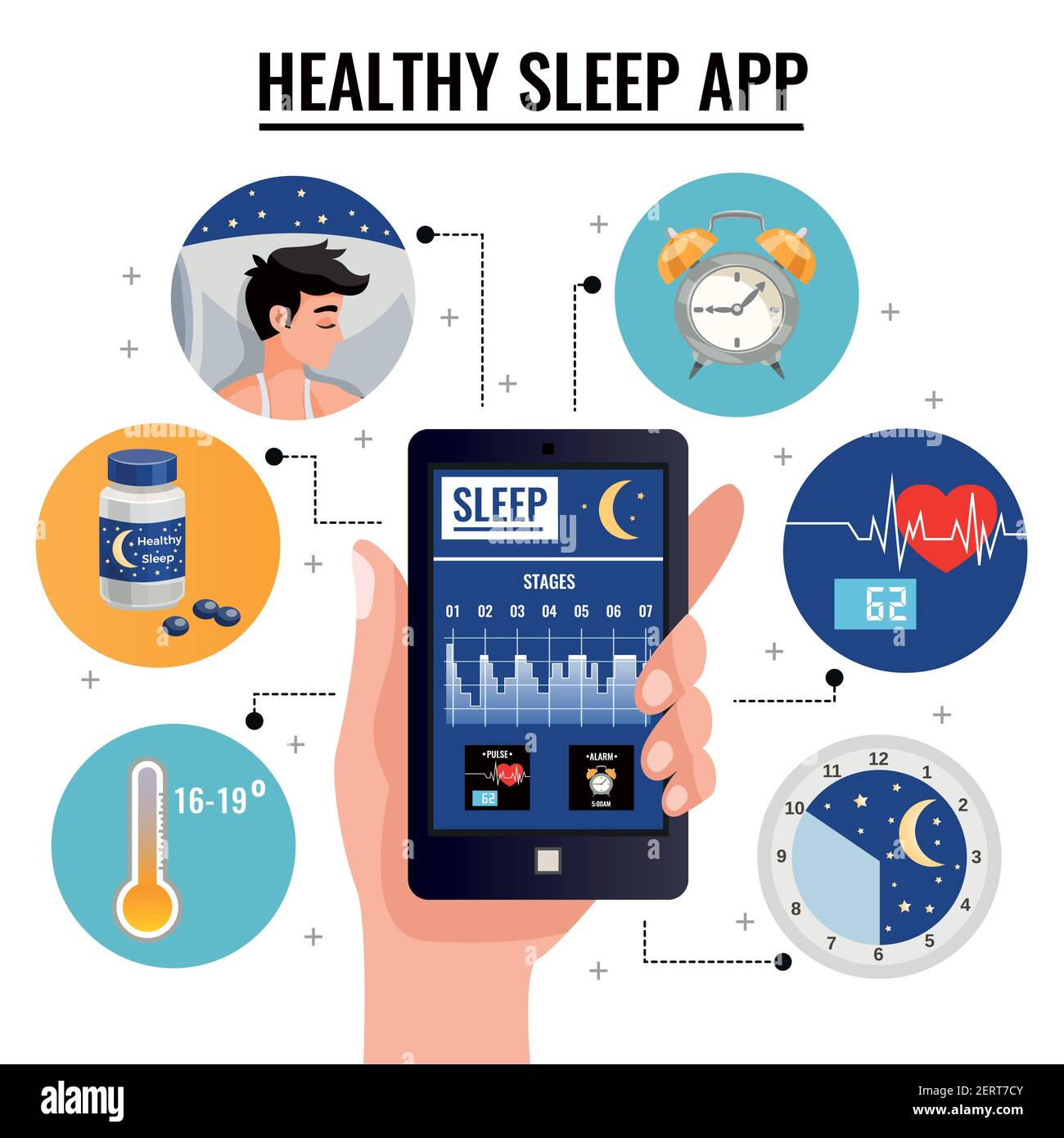Gesundes Schlaf App Design-Konzept mit Diagramm der Schlafstadien Auf dem Bildschirm des Smartphones in menschlichen Hand Vektor-Illustration Stock Vektor