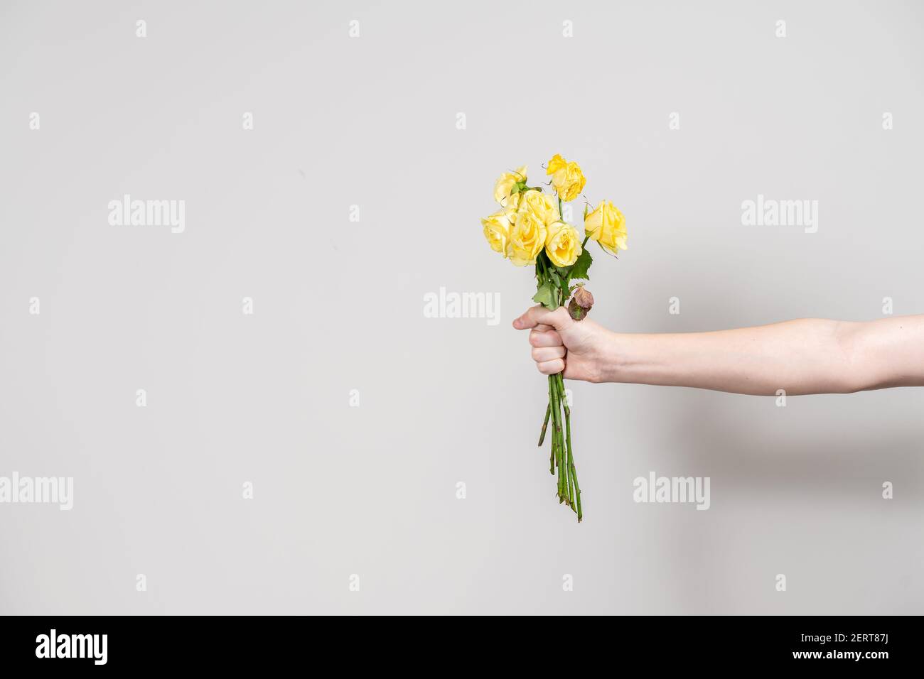 Der Mensch hält einen Strauß trockener Blumen aus Stockfoto