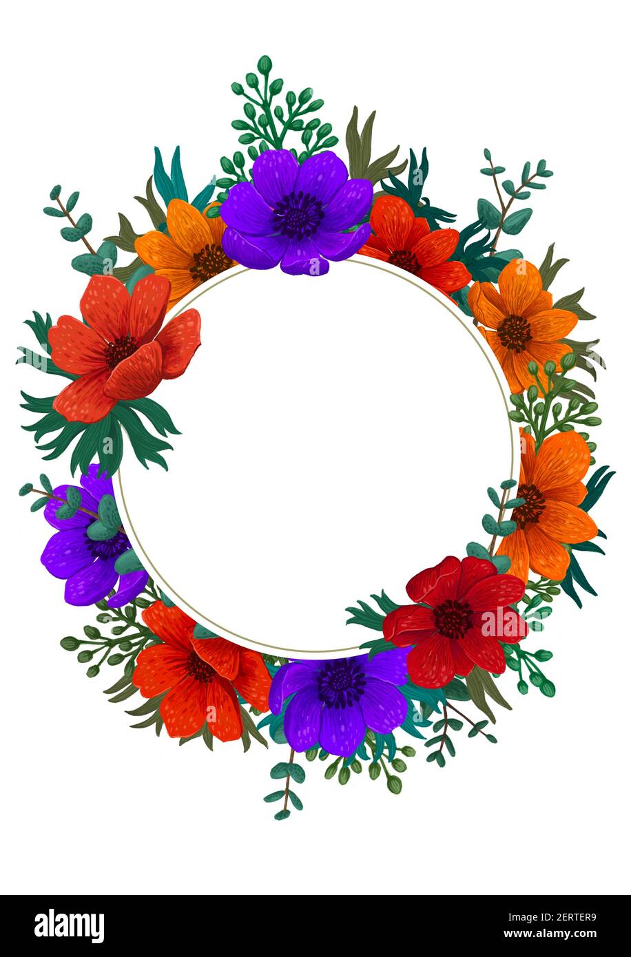 Wilde Blumen Kreis Rahmen. Digitale Illustration mit Farbstift. Vertikales Design mit schönen Anemonen und Platz für Text auf weißem Hintergrund. inv Stockfoto
