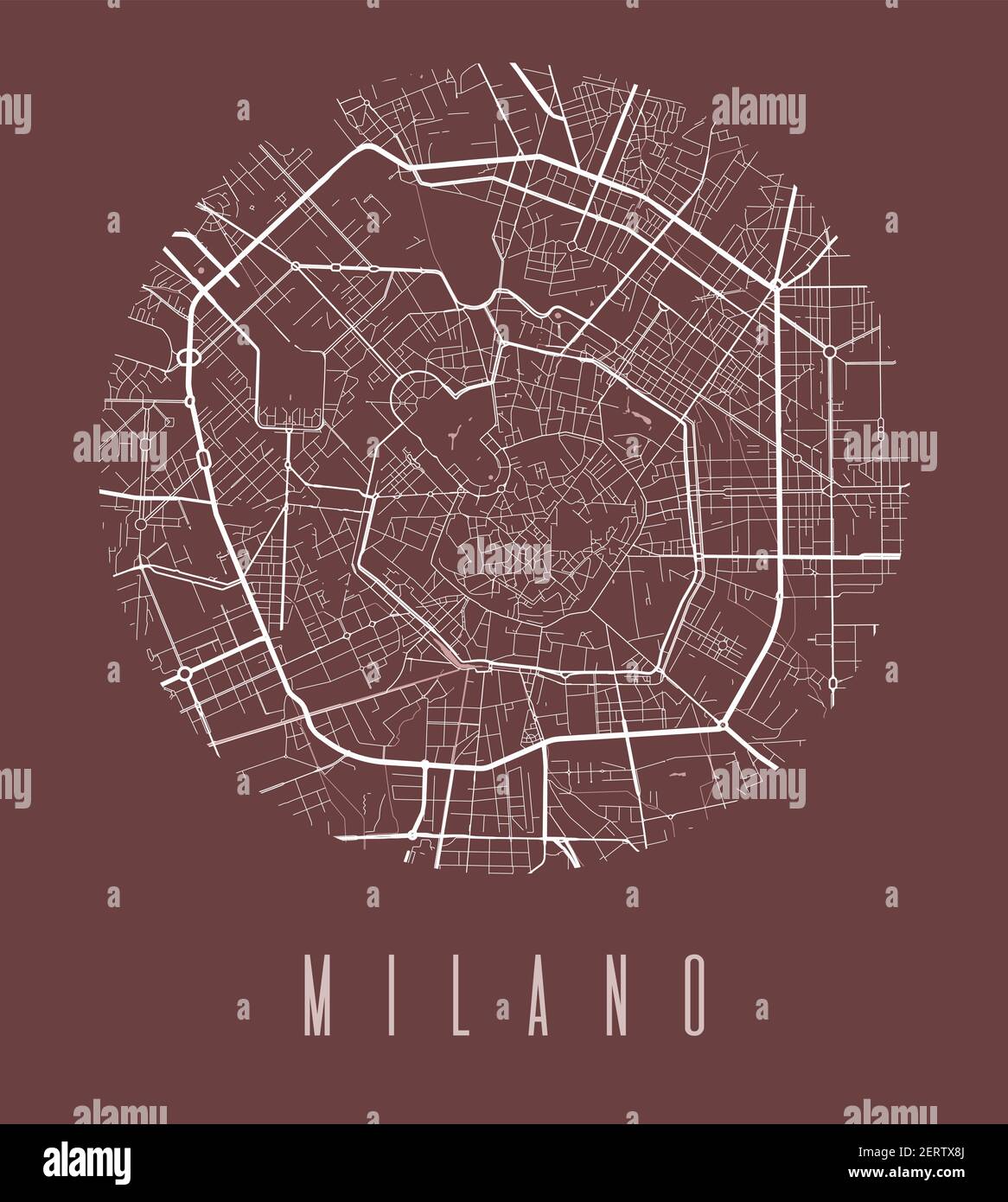 Mailänder Kartenposter. Dekoratives Design Stadtplan von Mailand Stadt. Stadtbild ARIA Panorama Silhouette Luftbild, Typografie Stil. Land, Fluss, Autobahnen, Stock Vektor