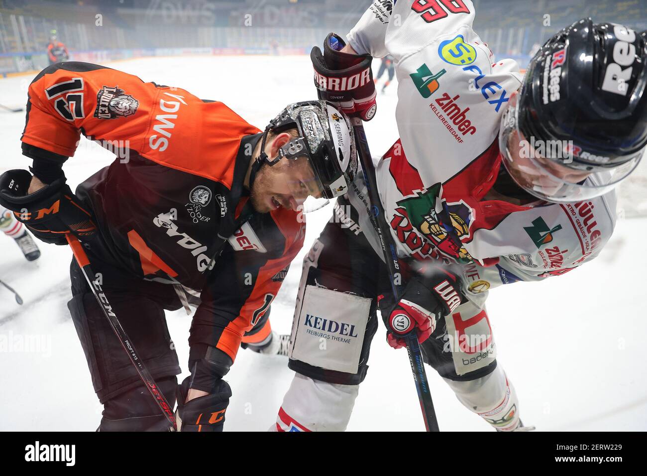 28. Februar 2021, Hessen, Frankfurt/Main: Eishockey: DEL2, Löwen Frankfurt - EHC Freiburg, Hauptrunde, 37. Spieltag. Duell auf den Brettern zwischen Carter Proft von den Löwen Frankfurt und Patrick kurz vom EHC Freiburg. Foto: Jürgen Kessler/dpa Stockfoto