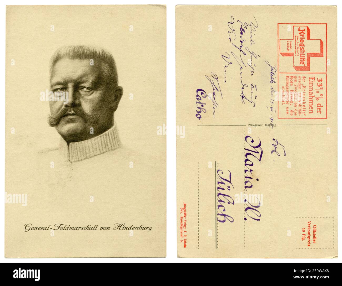 Deutsche Historische Postkarte: Schwarz und weiss gemalte Porträt von Paul von Hindenburg mit Text: Feldmarschall Allgemein. Erster Weltkrieg 1914-1918. Deutschland Stockfoto