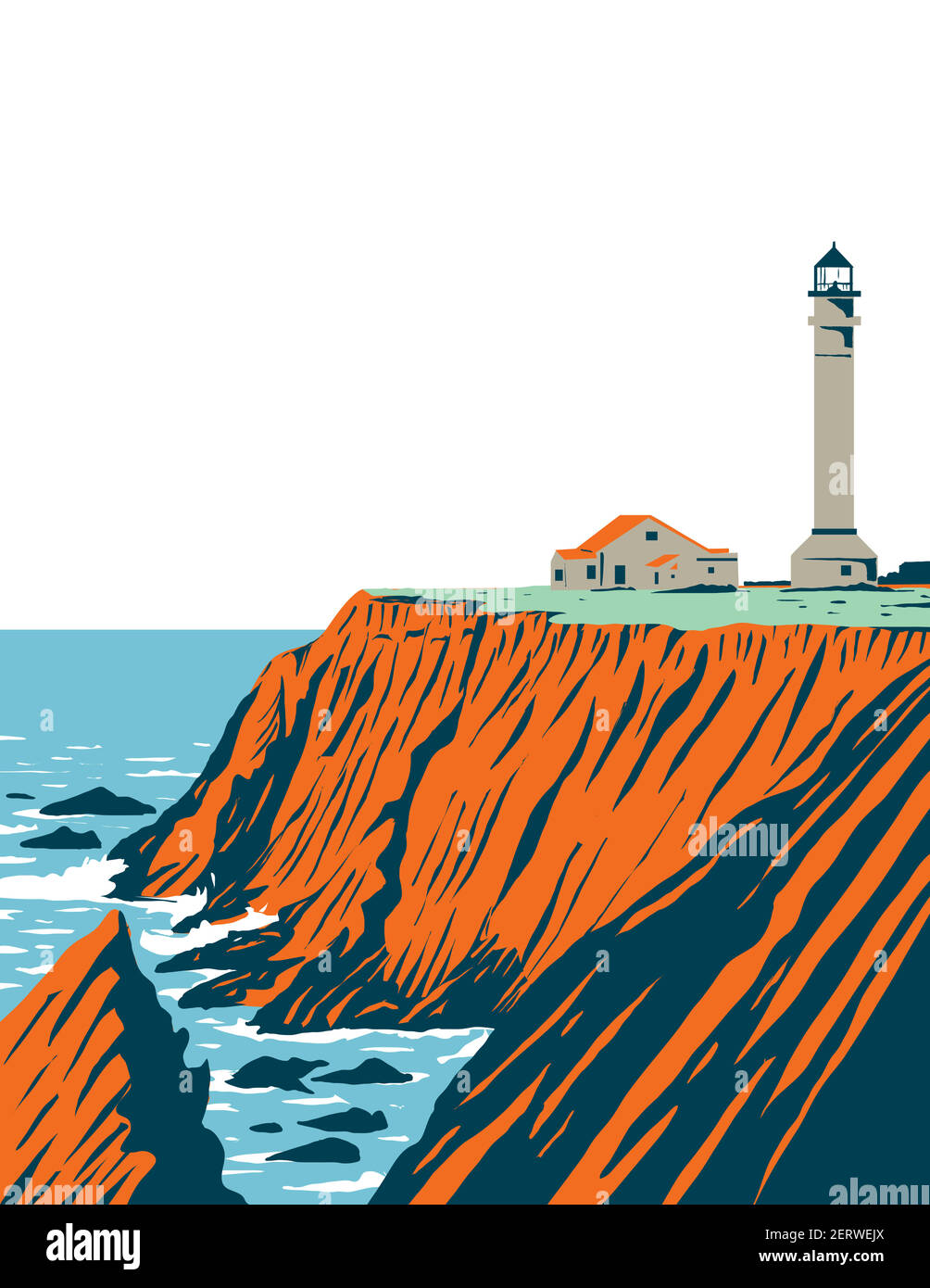 WPA Plakatkunst des Point Arena Lighthouse in Mendocino County liegt in California Coastal National Monument Küste von Kalifornien Erledigt in arbeitet pro Stock Vektor