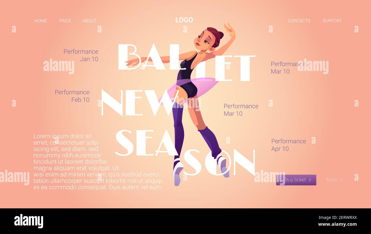 Ballett neue Saison Poster mit Ballerina und Aufführungsplan. Vektor-Landing-Page der klassischen Theater-Tanz-Show mit Cartoon-Illustration von Mädchen Tänzerin in Tutu Kleid und spitzenschuhe Stock Vektor