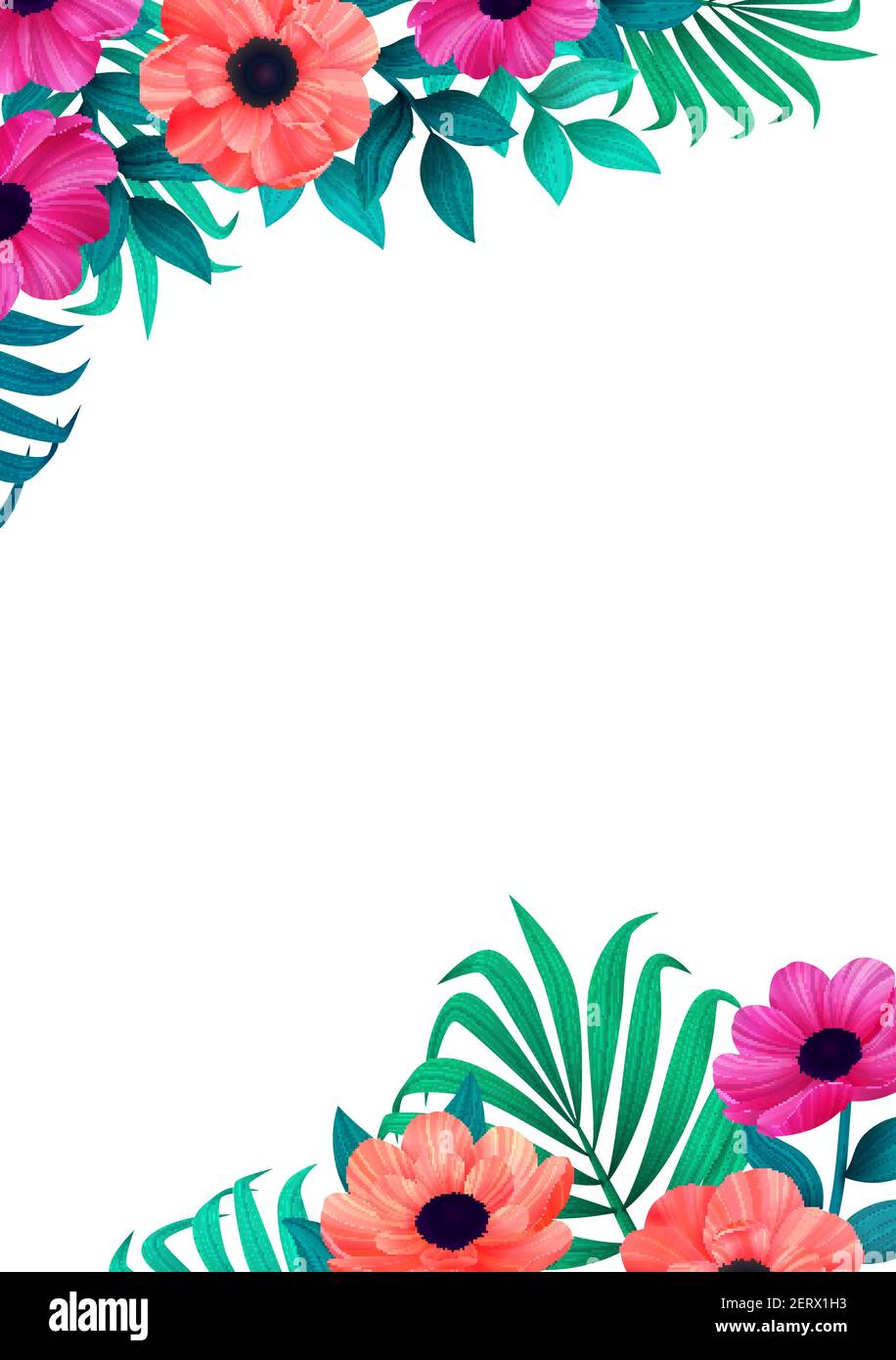 Floraler Rahmen, Ecke trendiges tropisches Design. Vertikales Design mit schönen tropischen Blumen und Kopierraum auf weißem Hintergrund. Einladung, Hochzeit gre Stock Vektor