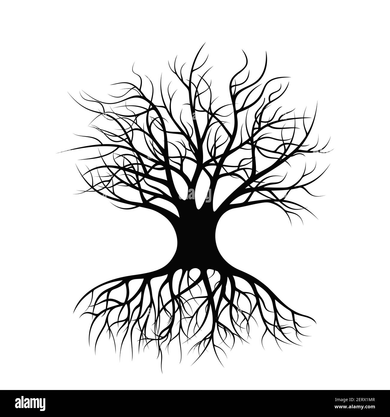 Ein einsam stehender Baum mit Wurzeln und ohne Laub. Schwarze Silhouette eines Baumes. Stock Vektor