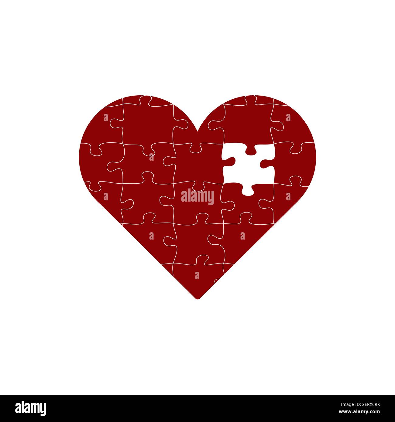 Puzzle mit all seinen Teilen zusammen bilden eine große rote Herz der Liebe mit einem fehlenden Stück. Stock Vektorgrafik isoliert auf weiß Stock Vektor