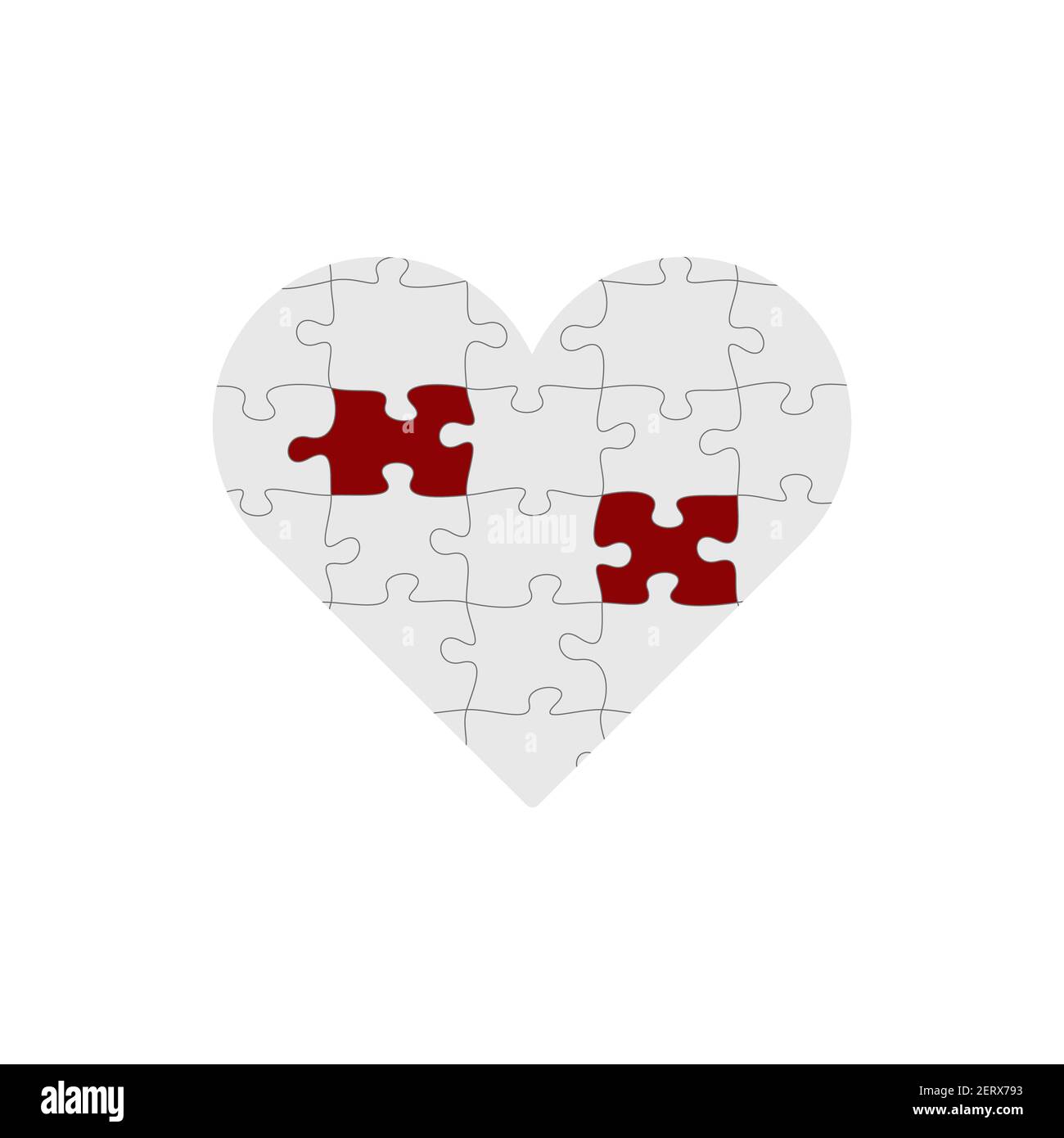 Puzzle mit all seinen Stücken zusammen bilden eine große rote Herz der Liebe mit zwei aufragen Stücke. Vektorgrafik für Rohware isoliert ein Stock Vektor