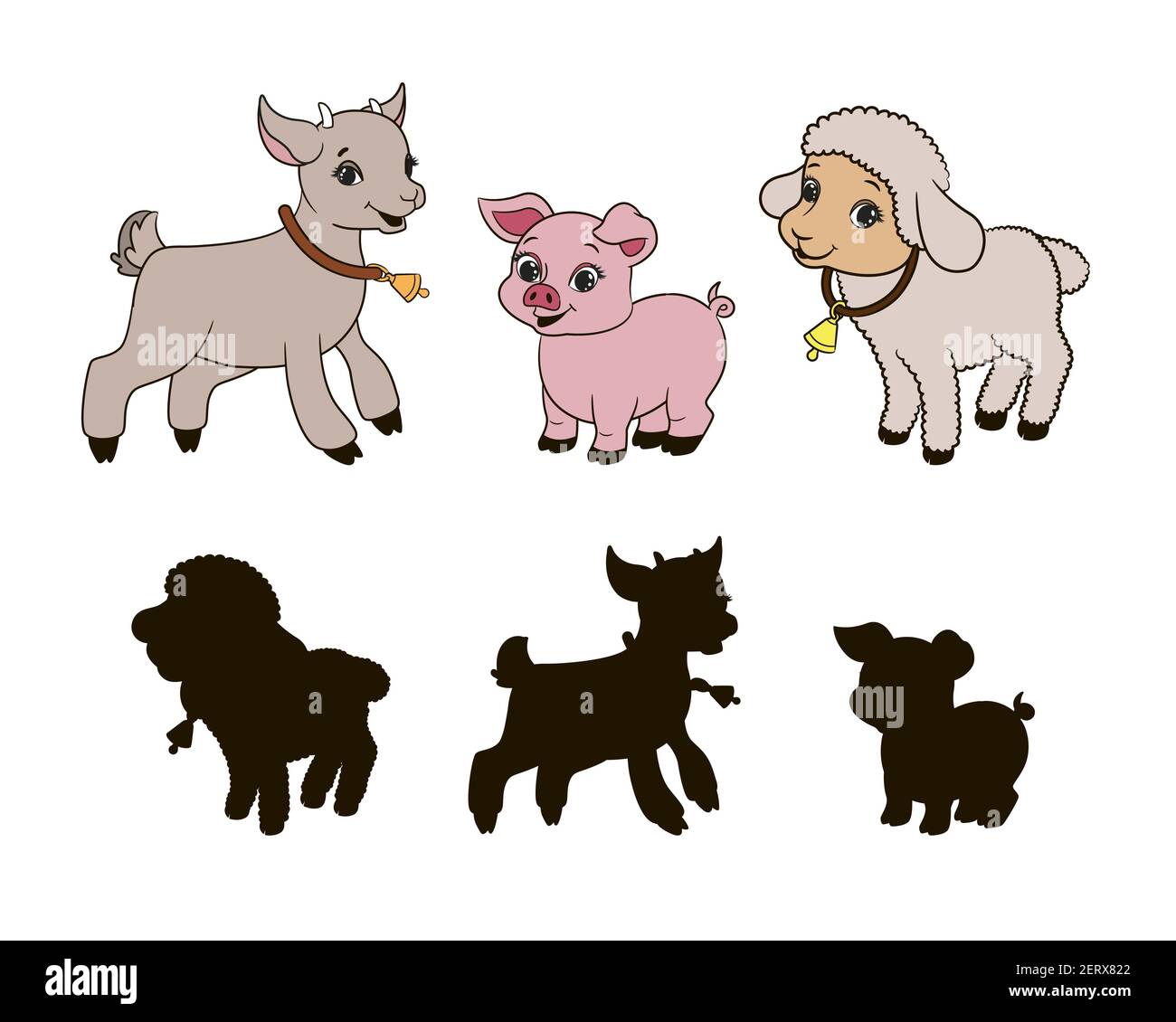 Finden Sie die richtige Schatten, Lernspiel für Kleinkinder, Cartoon-Ziege, Schwein und Lamm auf einem weißen Hintergrund, Vektor-Illustration Stock Vektor