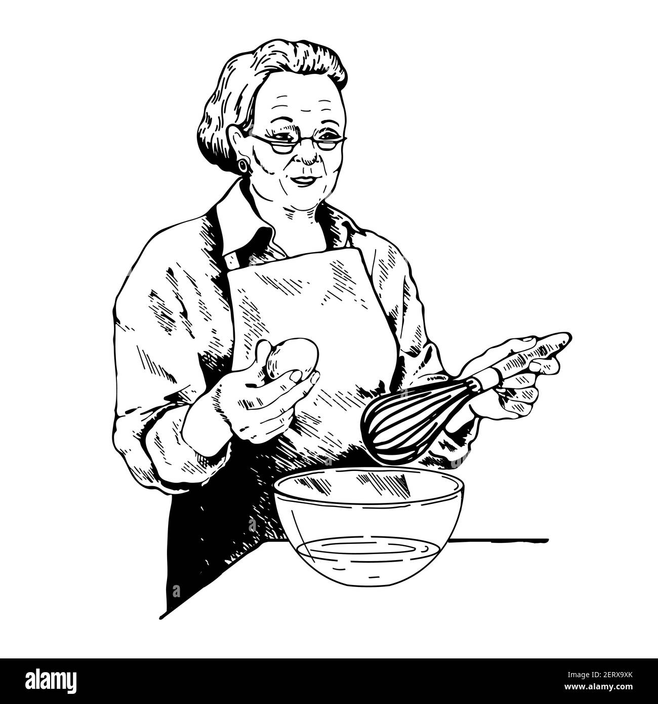 Großmutter hält einen Schneebesen und ein Ei in den Händen und macht sich bereit, Teig, Mayonnaise, Sahne zu machen.Vektorgrafik, schwarz-weiße Skizze, Linie Stock Vektor
