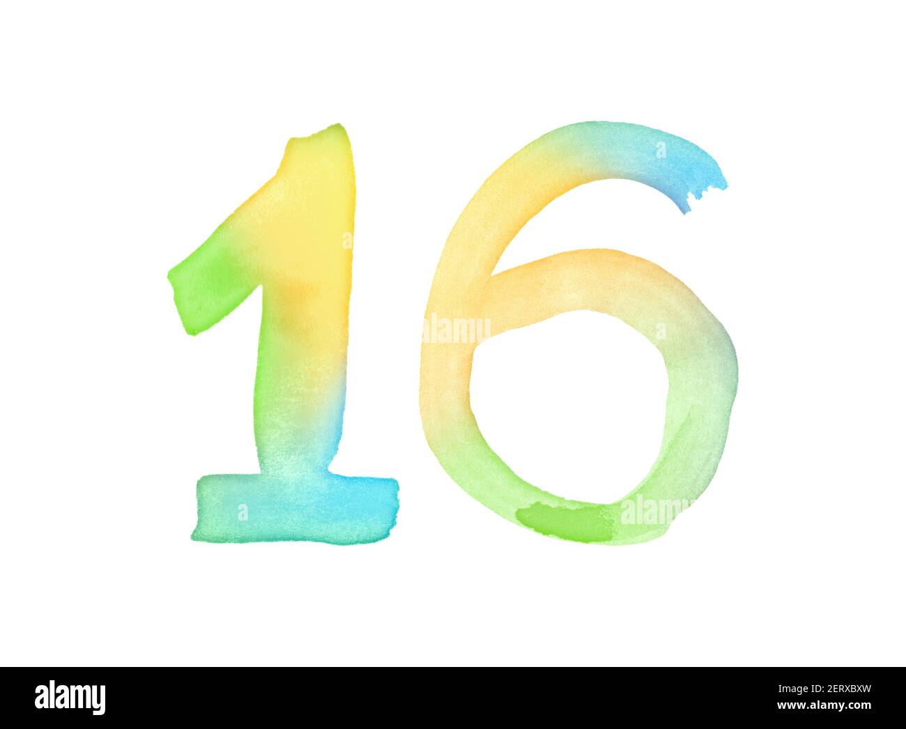 Aquarellnummern, handgezeichnet mit dem Pinsel. Mehrfarbiges Vintage-Symbol. Vorlage für Grüße, Design, Postkarten, Dekoration. Stockfoto