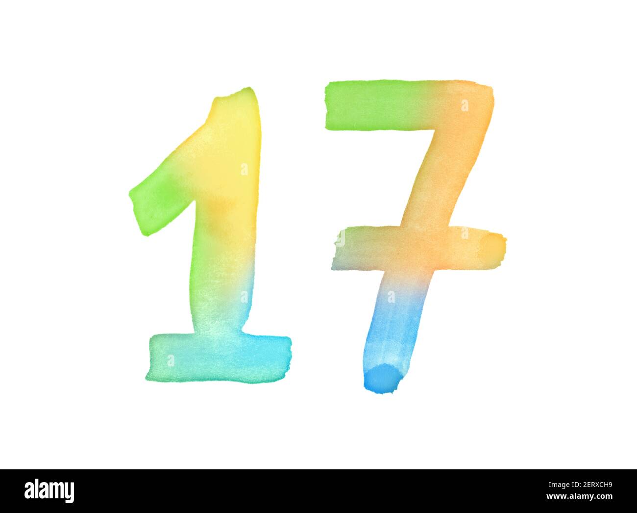 Aquarellnummern, handgezeichnet mit dem Pinsel. Mehrfarbiges Vintage-Symbol. Vorlage für Grüße, Design, Postkarten, Dekoration. Stockfoto