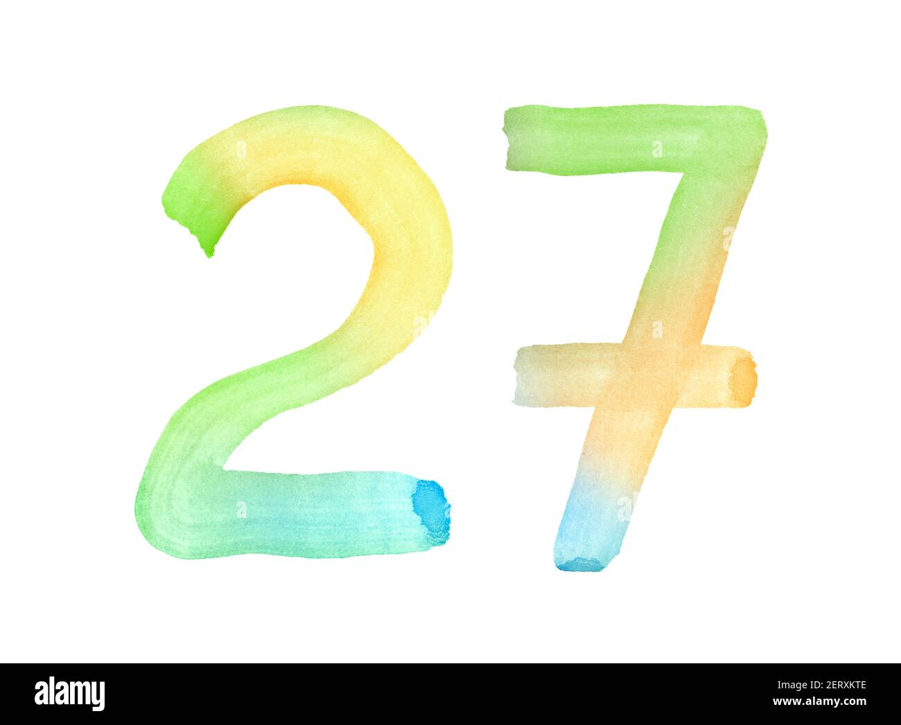 Aquarellnummern, handgezeichnet mit dem Pinsel. Mehrfarbiges Vintage-Symbol. Vorlage für Grüße, Design, Postkarten, Dekoration. Stockfoto