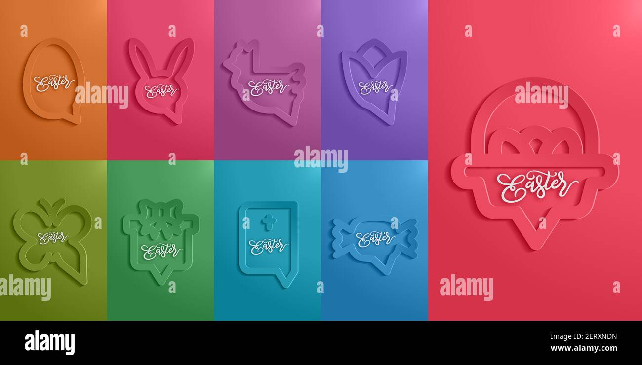 Frohe ostern Feier Karte Papier geschnitten Stil. Textblase und Sprechblase Design Symbol und Typografie Logo Illustration buntes Konzept. Stock Vektor