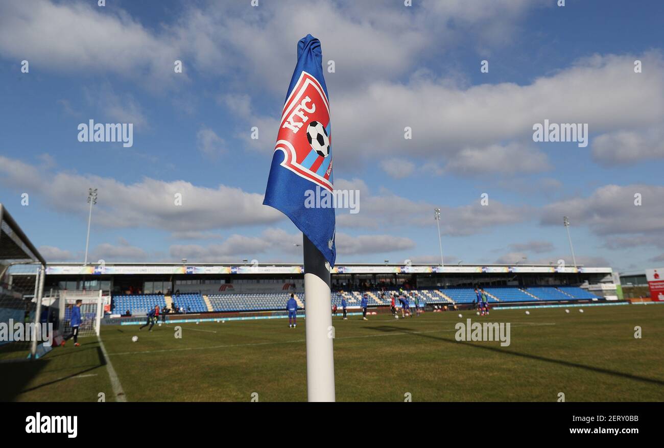 Lotte, Deutschland. 28th Feb, 2021. firo: 02/28/2021 Fußball: Fußball: 3rd Bundesliga-Saison 2020/21 KFC Uerdingen Krefeld - MSV Duisburg aufgrund der hohen Miete spielte der KFC das Heimspiel im Nordrhein-westfälischen Norden in Lotte im FRIMO-Stadion (Lotte/Deutschland) Eckflagge, KFC statt in Dvºsseldorf Logo, Eckflagge dpa/Alamy Live News Stockfoto