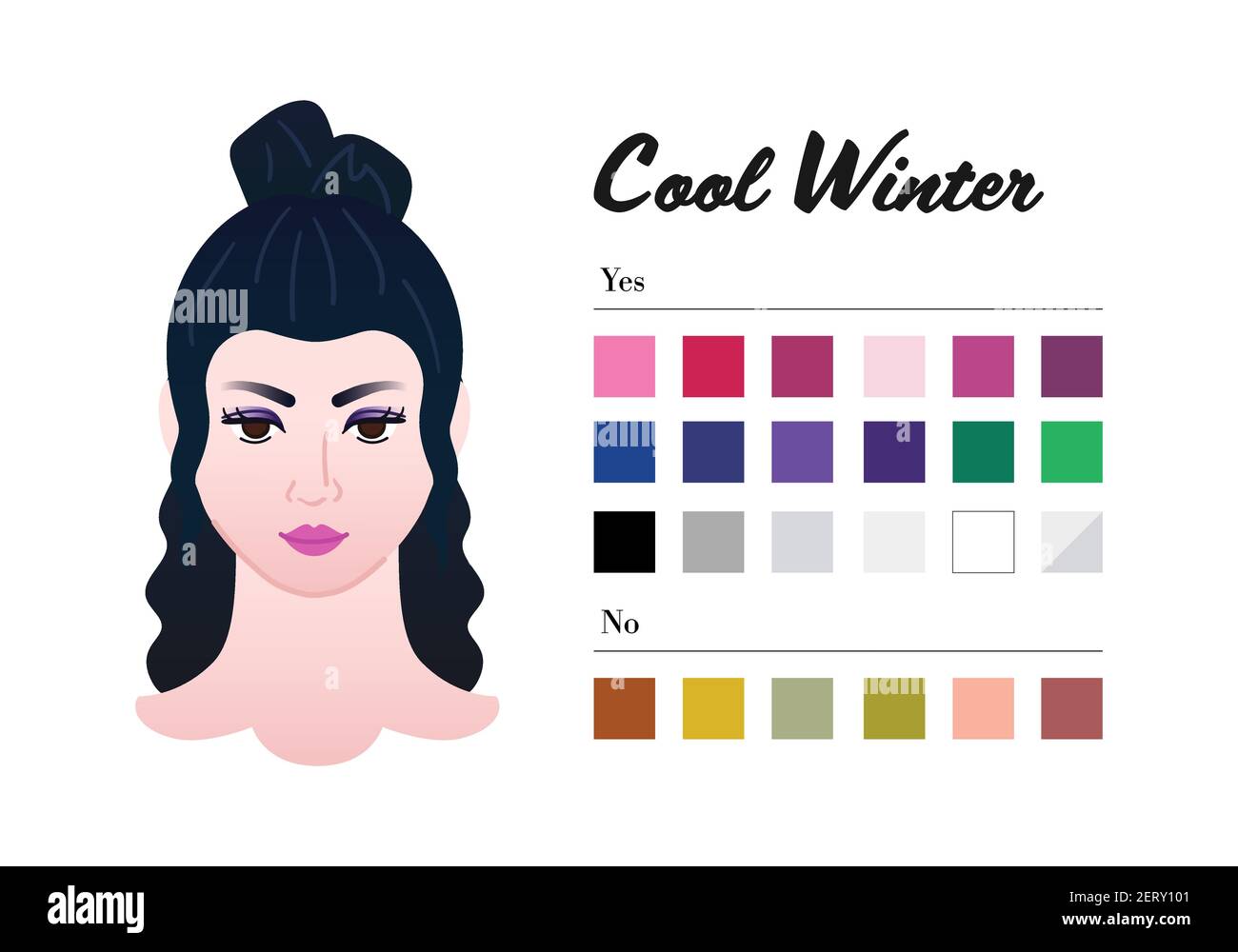 12 Jahreszeiten Farbvarianten für Frauen - Cool Winter Typ. Perfekte Farbe für Ihre Garderobe. Tun und nicht färben in 12 Saison Analyse Stock Vektor