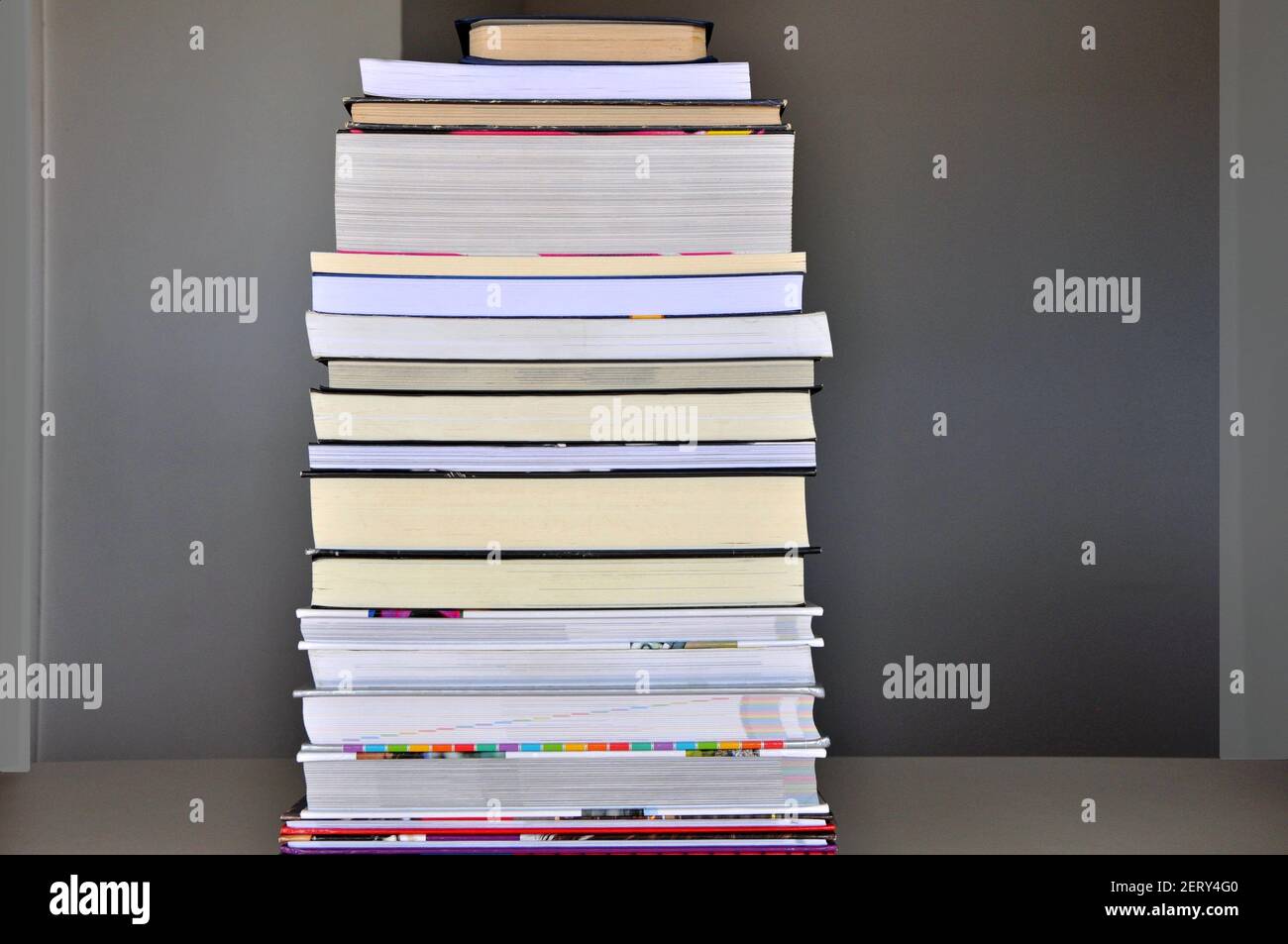 Bücher, Stapel von Büchern auf einem Tisch bilden eine Pyramide des Wissens, Bücher von verschiedenen Stilen und Farben,. Brasilien, Südamerika Stockfoto