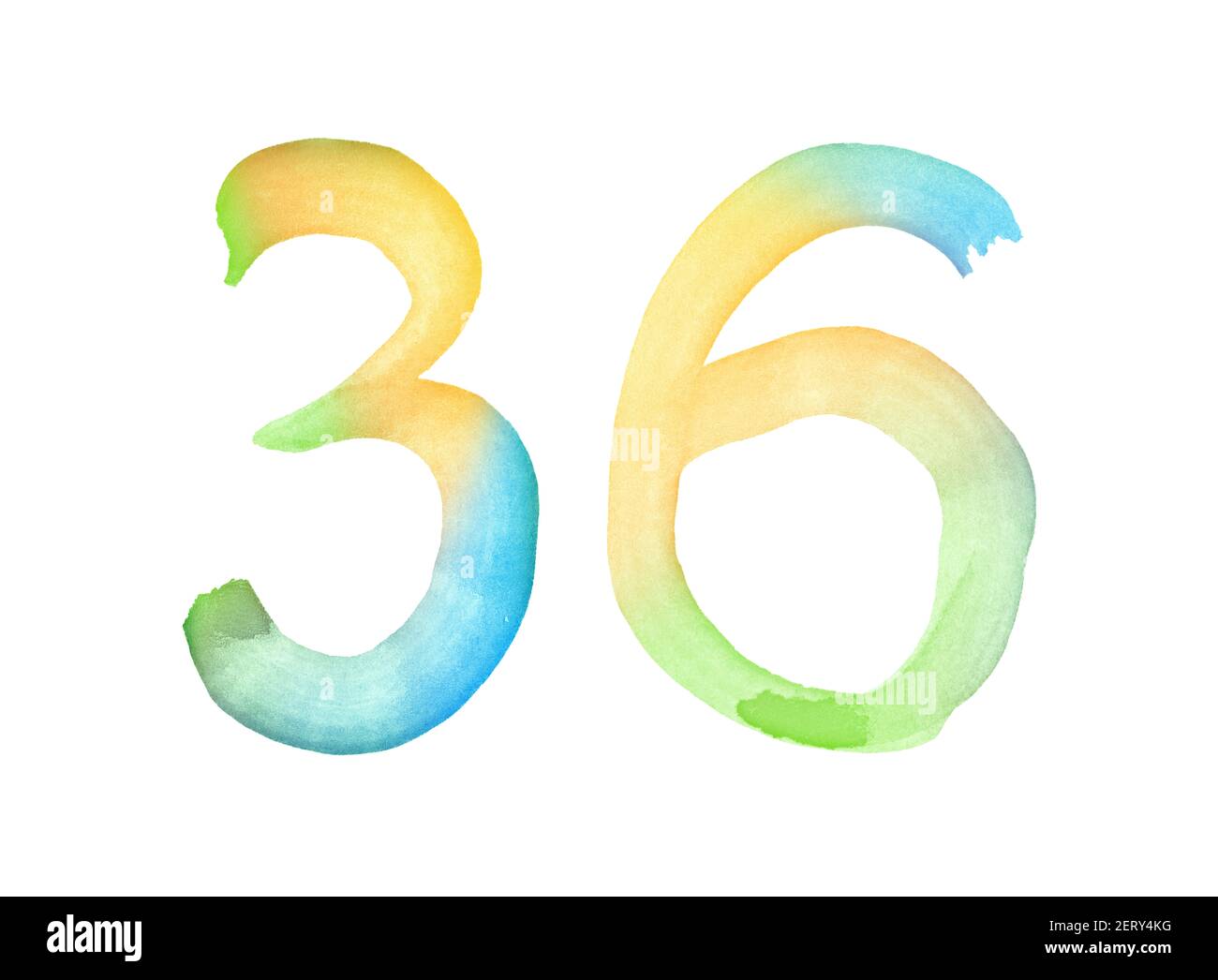 Aquarellnummern, handgezeichnet mit dem Pinsel. Mehrfarbiges Vintage-Symbol. Vorlage für Grüße, Design, Postkarten, Dekoration. Stockfoto