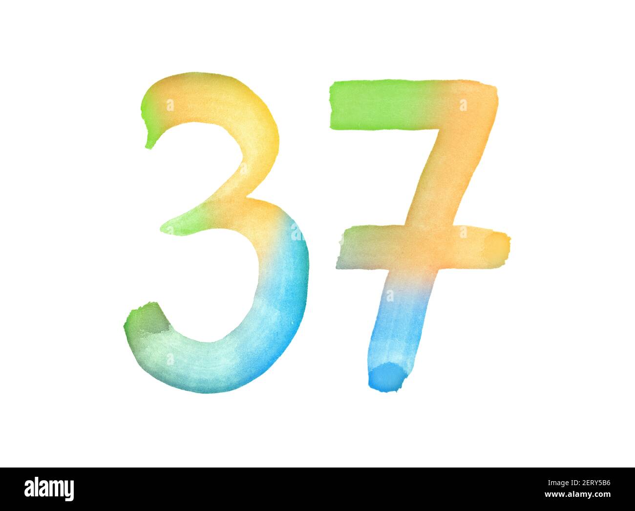 Aquarellnummern, handgezeichnet mit dem Pinsel. Mehrfarbiges Vintage-Symbol. Vorlage für Grüße, Design, Postkarten, Dekoration. Stockfoto