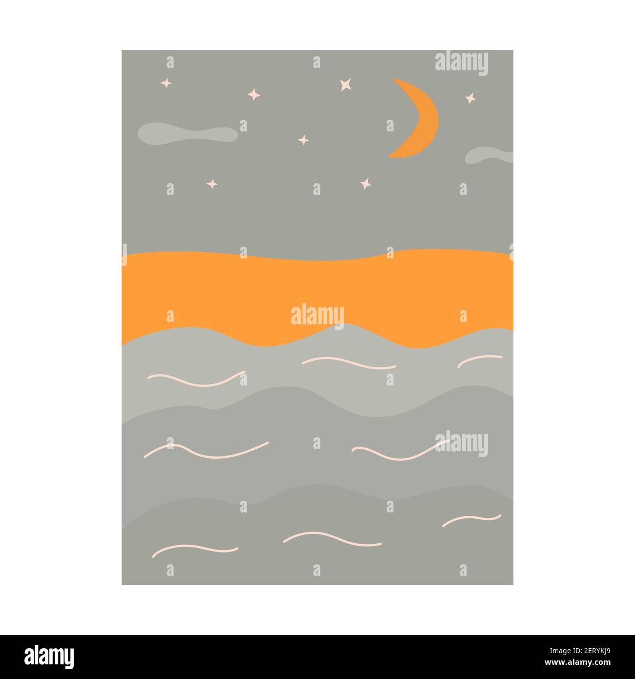 Schöner Meerblick, Nachthimmel mit Halbmond und Sternen. Glatte Wellen und sandige Küste. Malerei trendy für ein Interieur mit der Natur. Farbenfrohe Vektorgrafik Stock Vektor