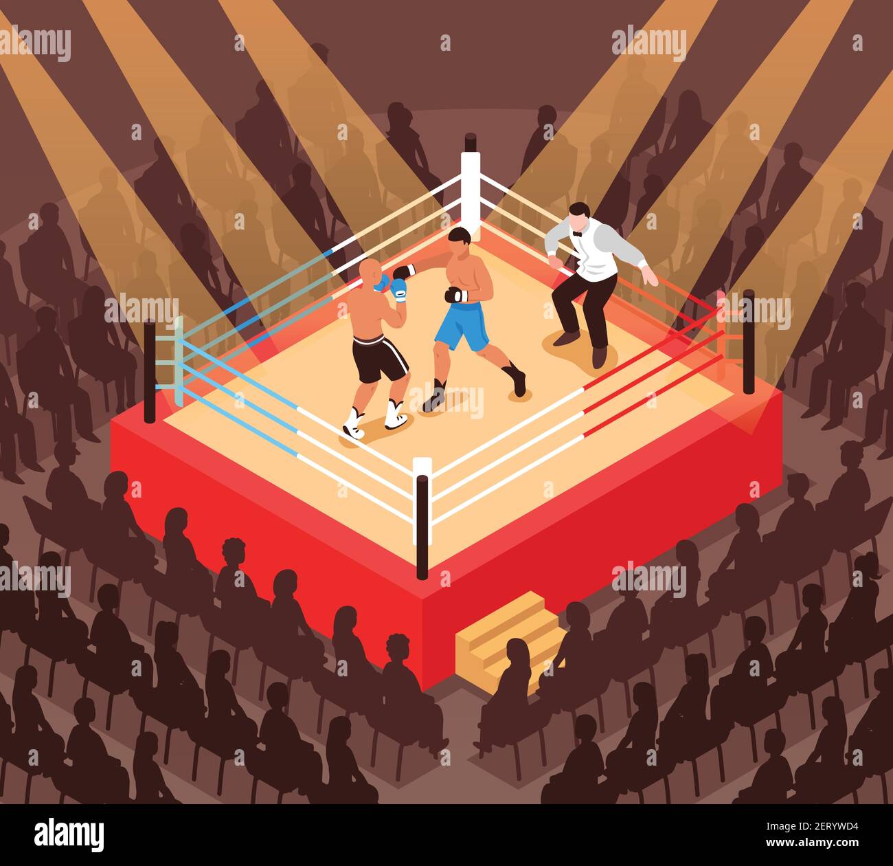 Schiedsrichter und Kämpfer während des Boxkampfes auf Ring und Silhouetten Von Zuschauern isometrische Vektor-Illustration Stock Vektor