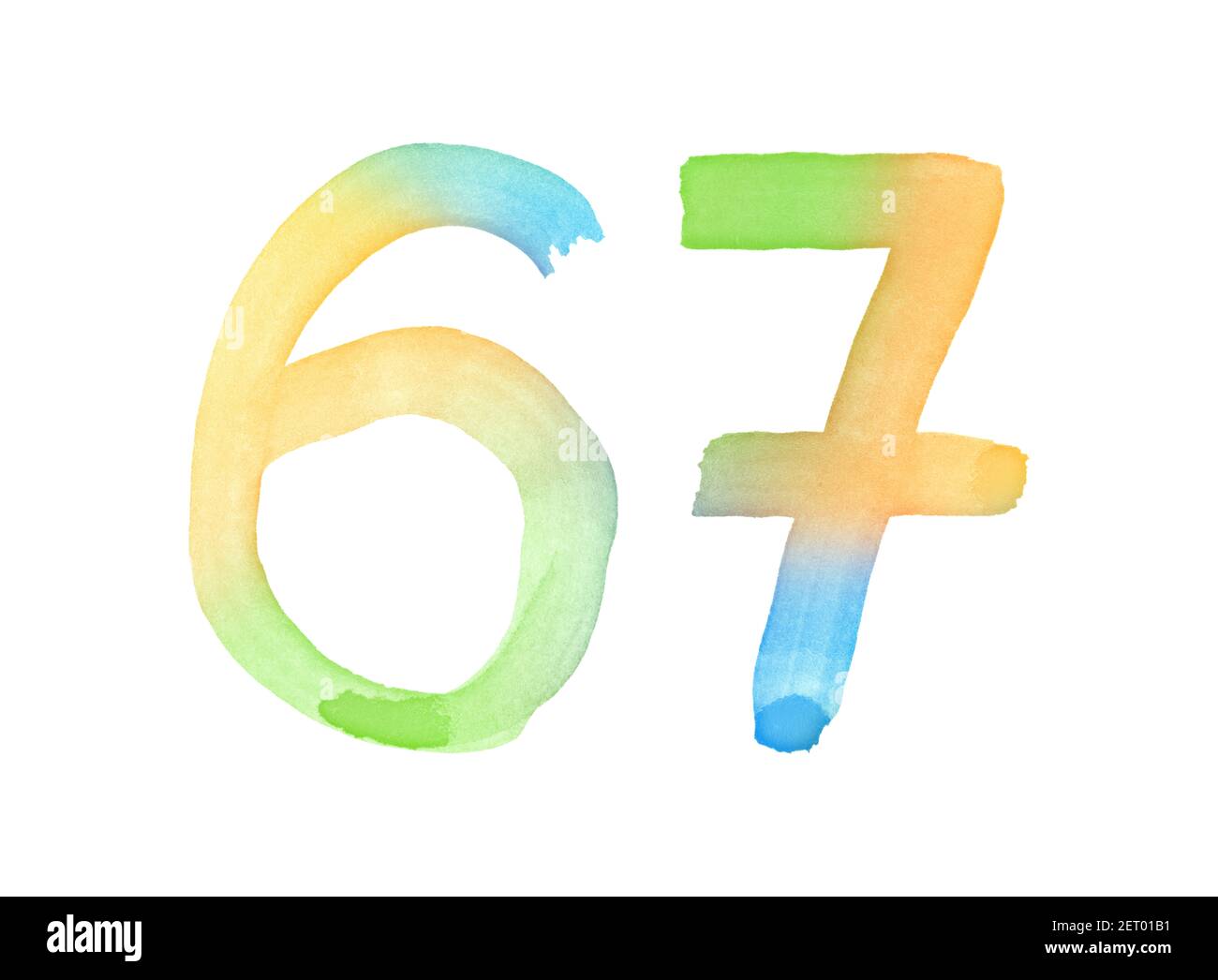 Aquarellnummern, handgezeichnet mit dem Pinsel. Mehrfarbiges Vintage-Symbol. Vorlage für Grüße, Design, Postkarten, Dekoration. Stockfoto